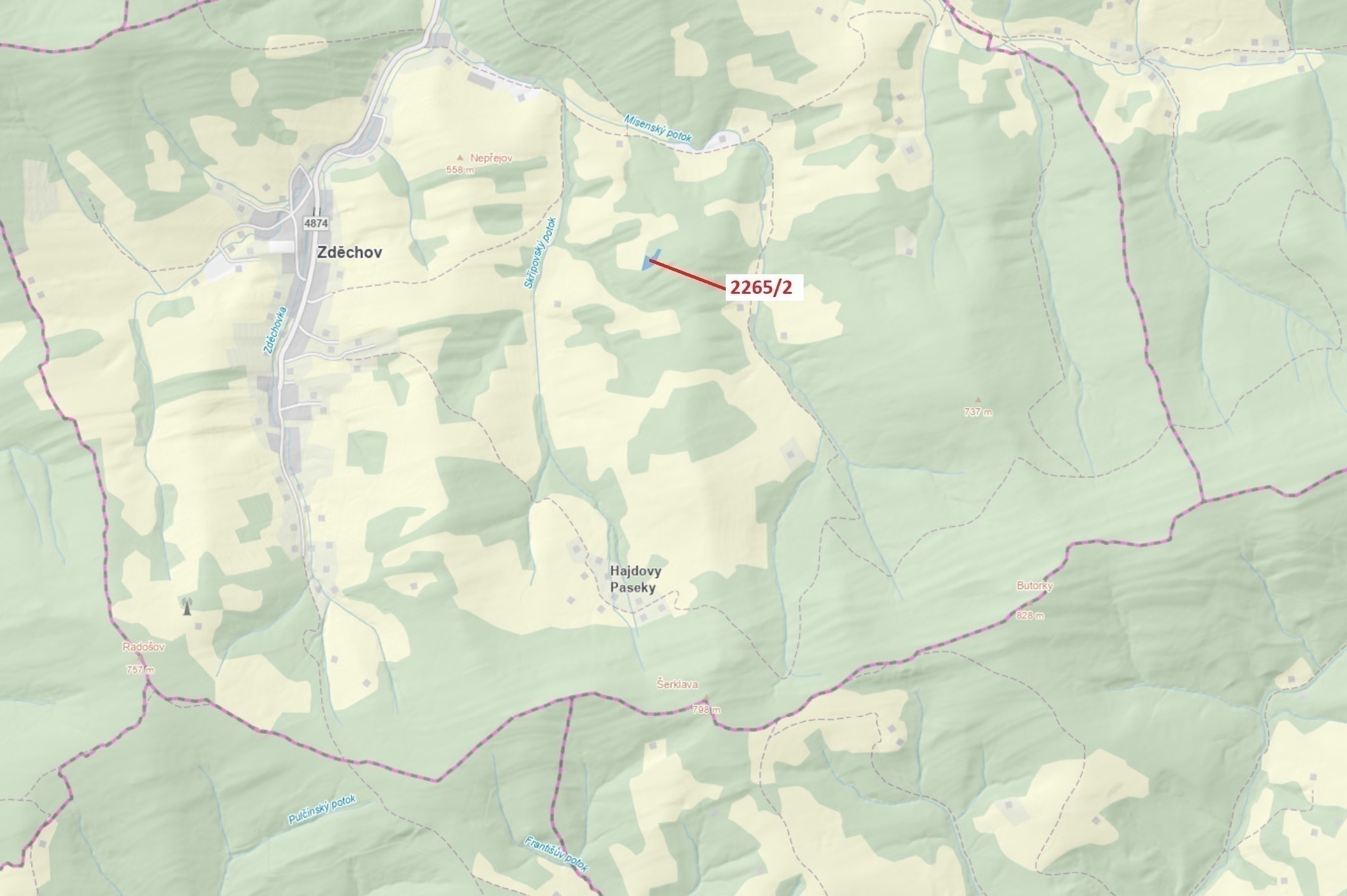 Lesní pozemek o výměře 2225 m2, podíl 1/1, katastrální území Zděchov, obec Zděchov, obec s rozšířeno