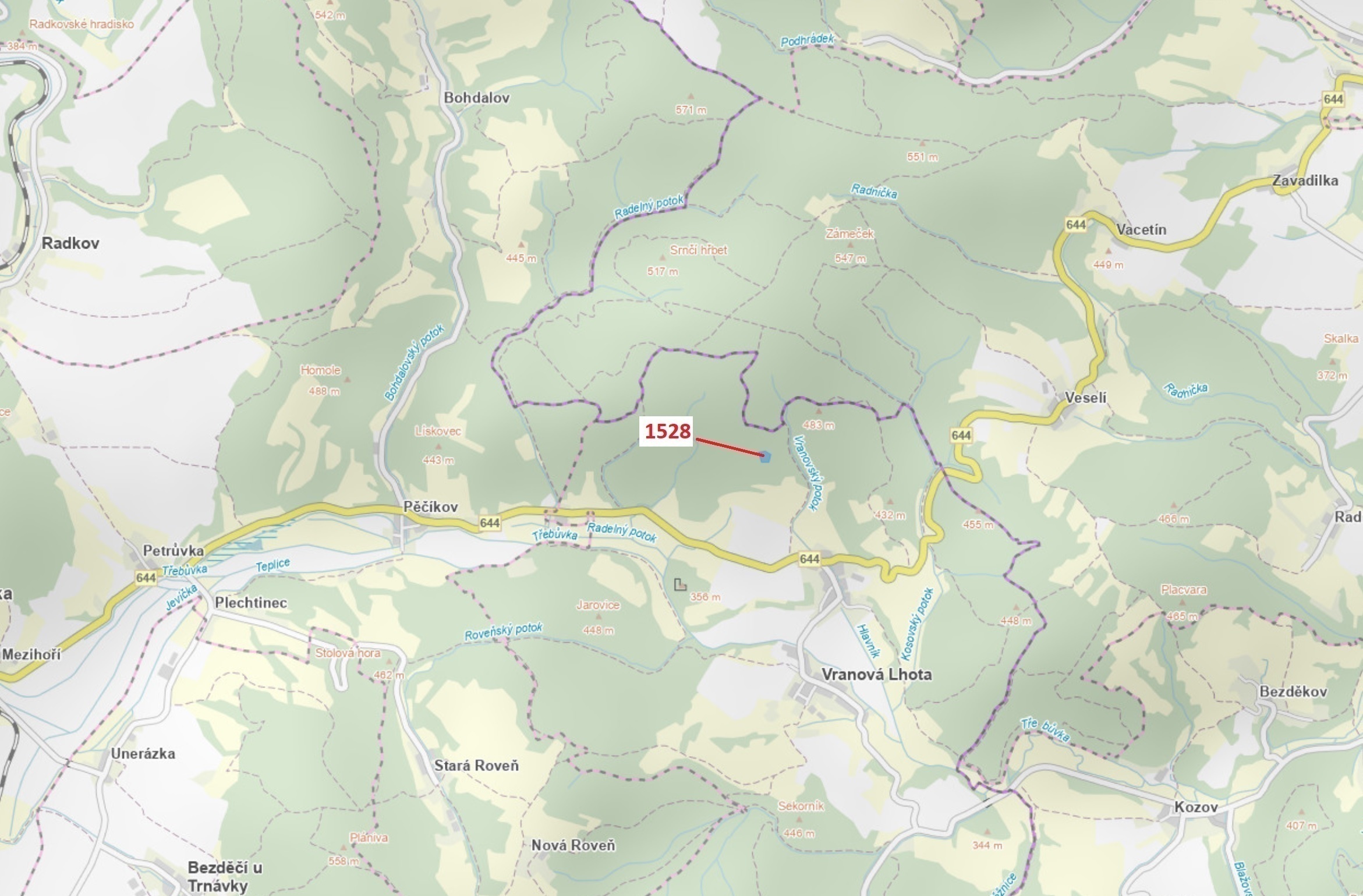 Lesní pozemek o výměře 5 323 m2, podíl 1/1, katastrální území Vranová, obec Vranová Lhota, obec s ro