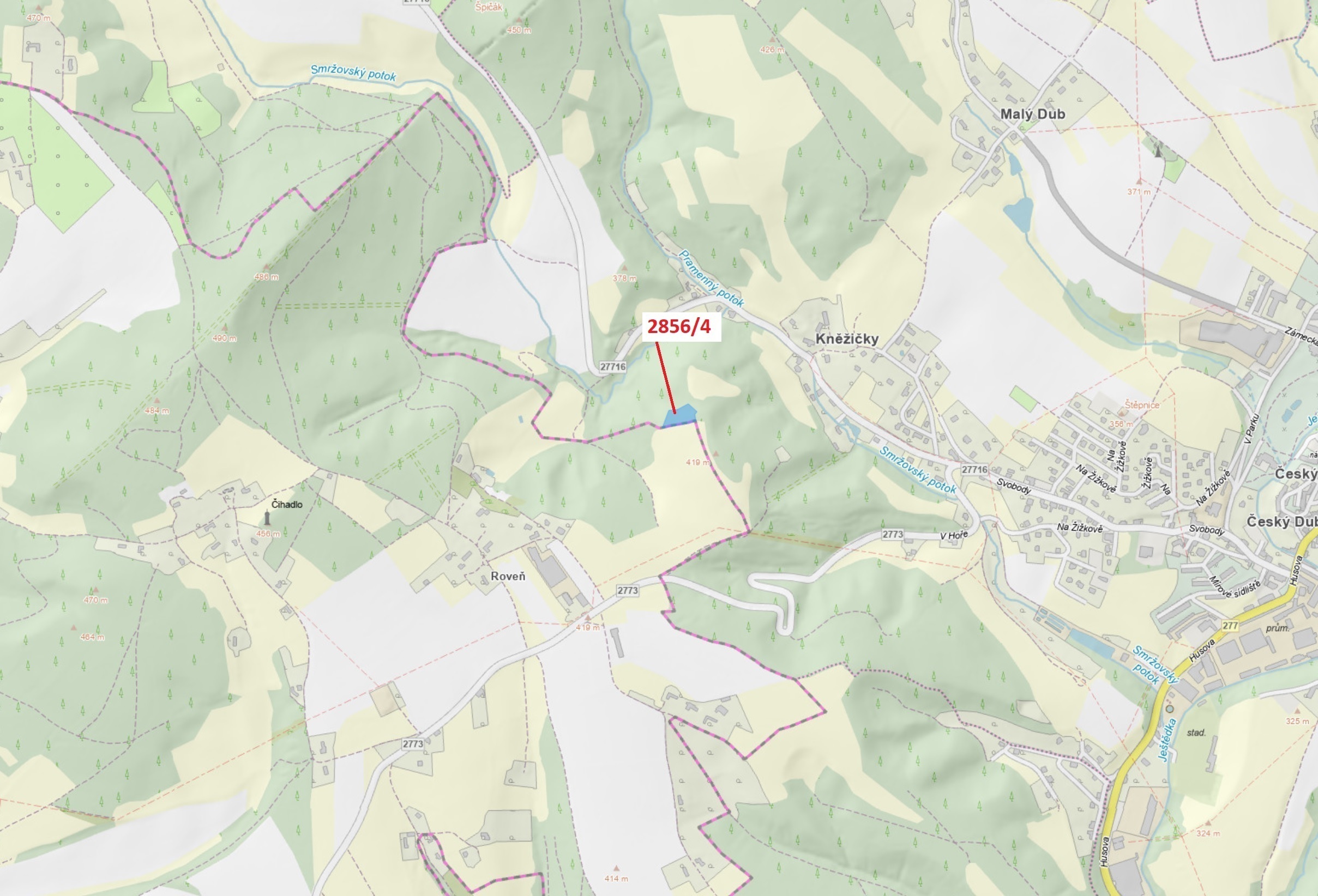 Lesní pozemek o výměře 2709 m2, podíl 1/1, katastrální území Český Dub, obec Český Dub, obec s rozší