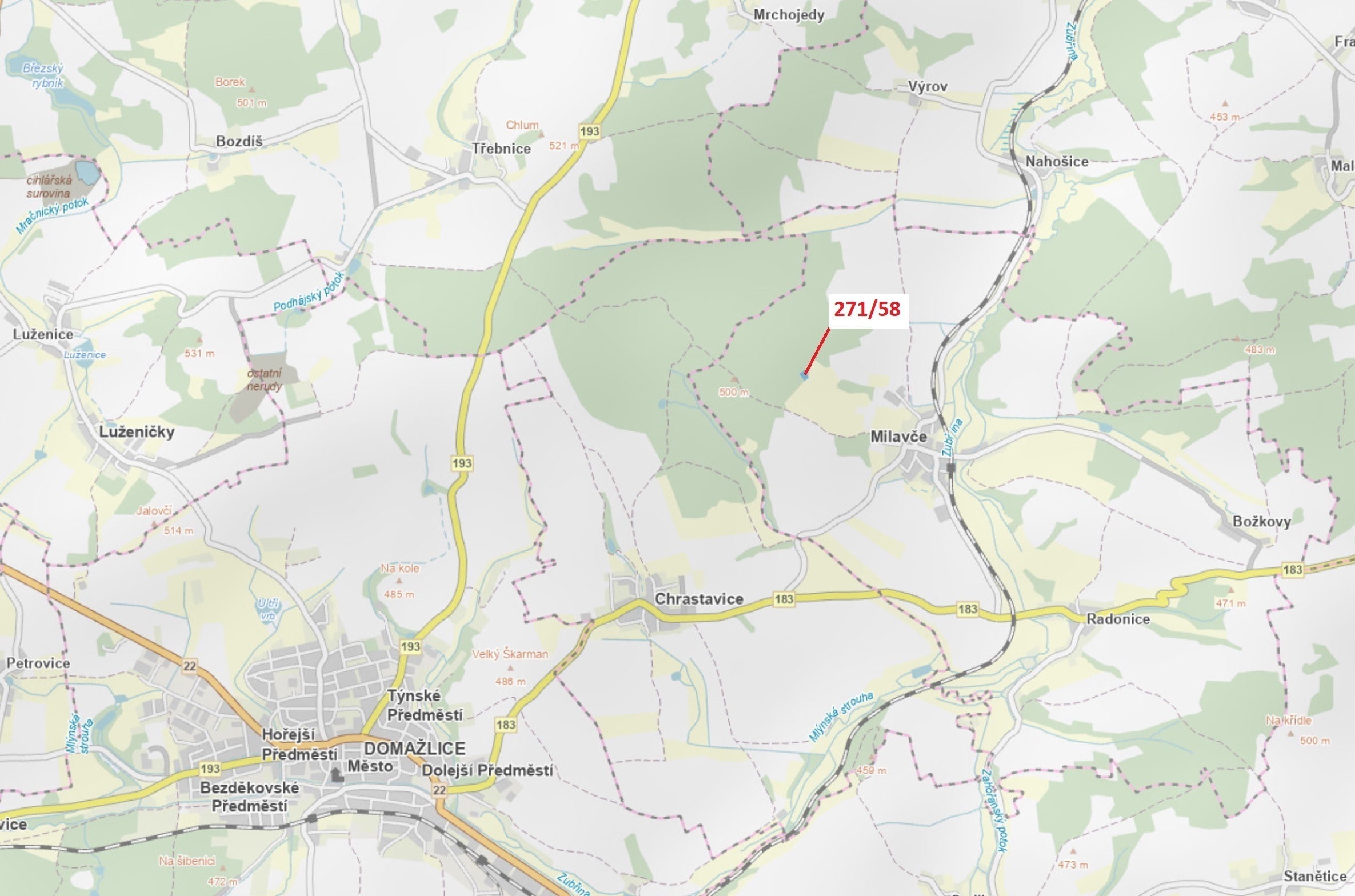 Lesní pozemek o výměře 2102 m2, podíl 1/1, katastrální území Milavče, obec Milavče, obec s rozšířeno