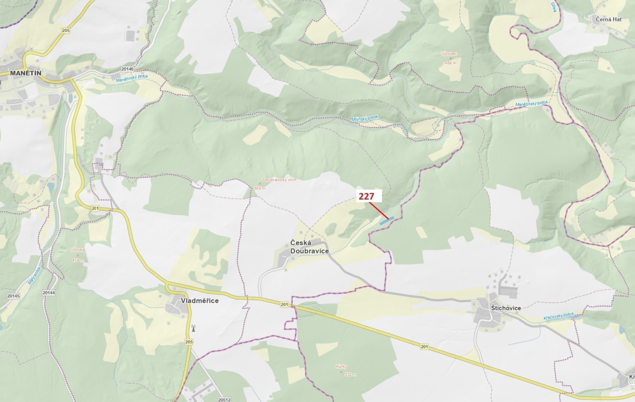 Lesní pozemek o výměře 2 913 m2, podíl 1/1, katastrální území Česká Doubravice, obec Manětín, obec s