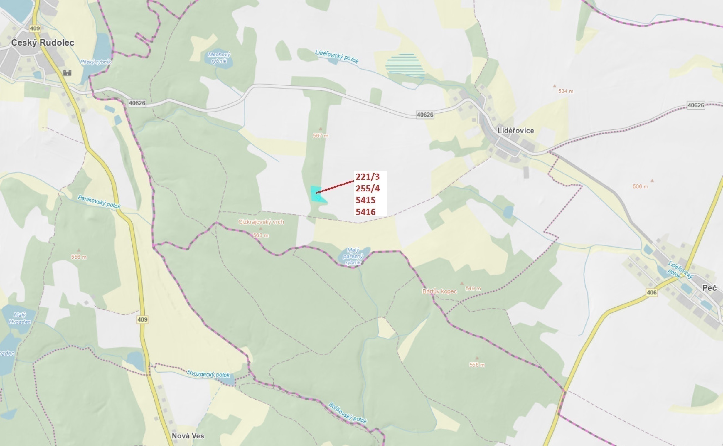 Lesní pozemky a vodní plocha o výměře 7 902 m2, podíl 1/1, katastrální území Lidéřovice, obec Peč, o