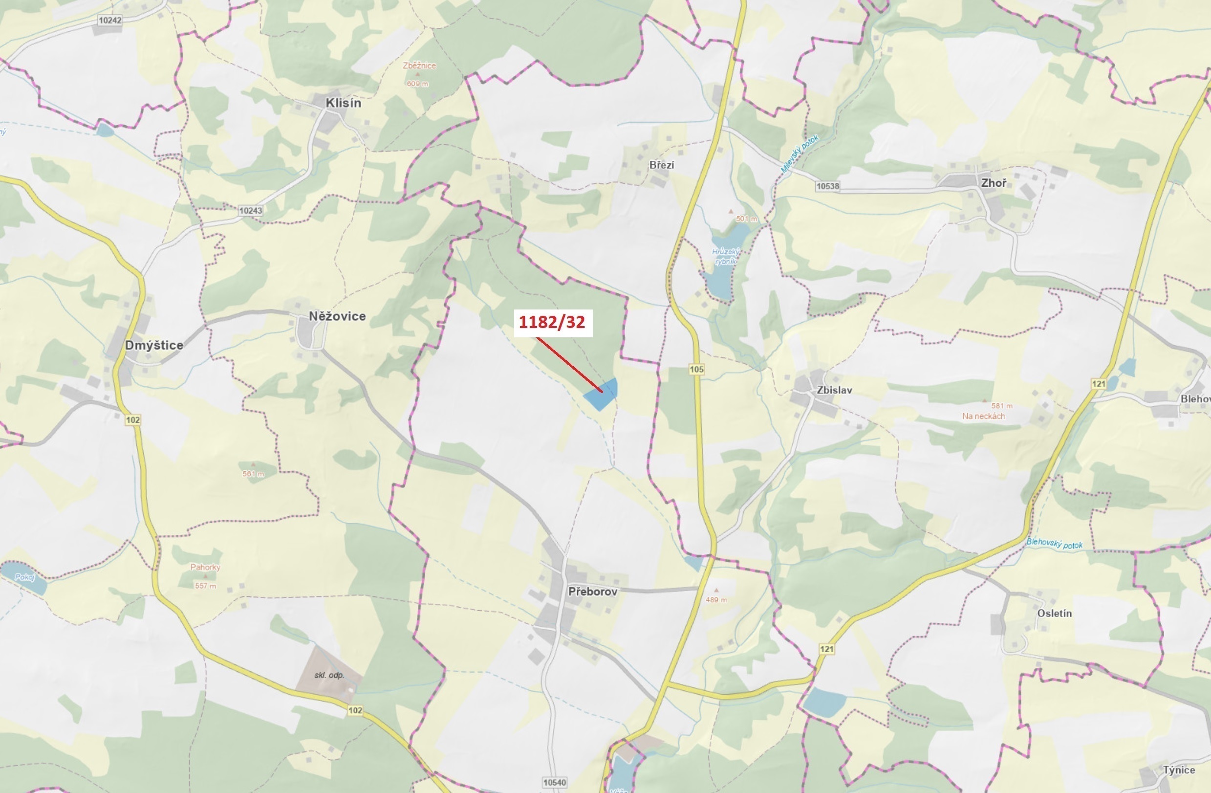 Lesní pozemek o výměře 16 134 m2, podíl 1/1, katastrální území Přeborov, obec Přeborov, obec s rozší