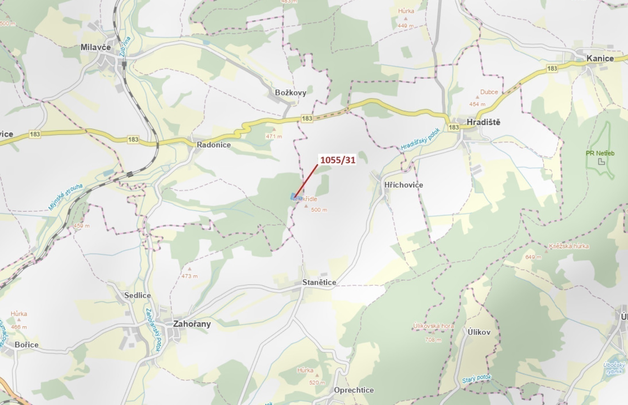 Lesní pozemek o výměře 9 168 m2, podíl 1/1, katastrální území Radonice u Milavčí, obec Milavče, obec