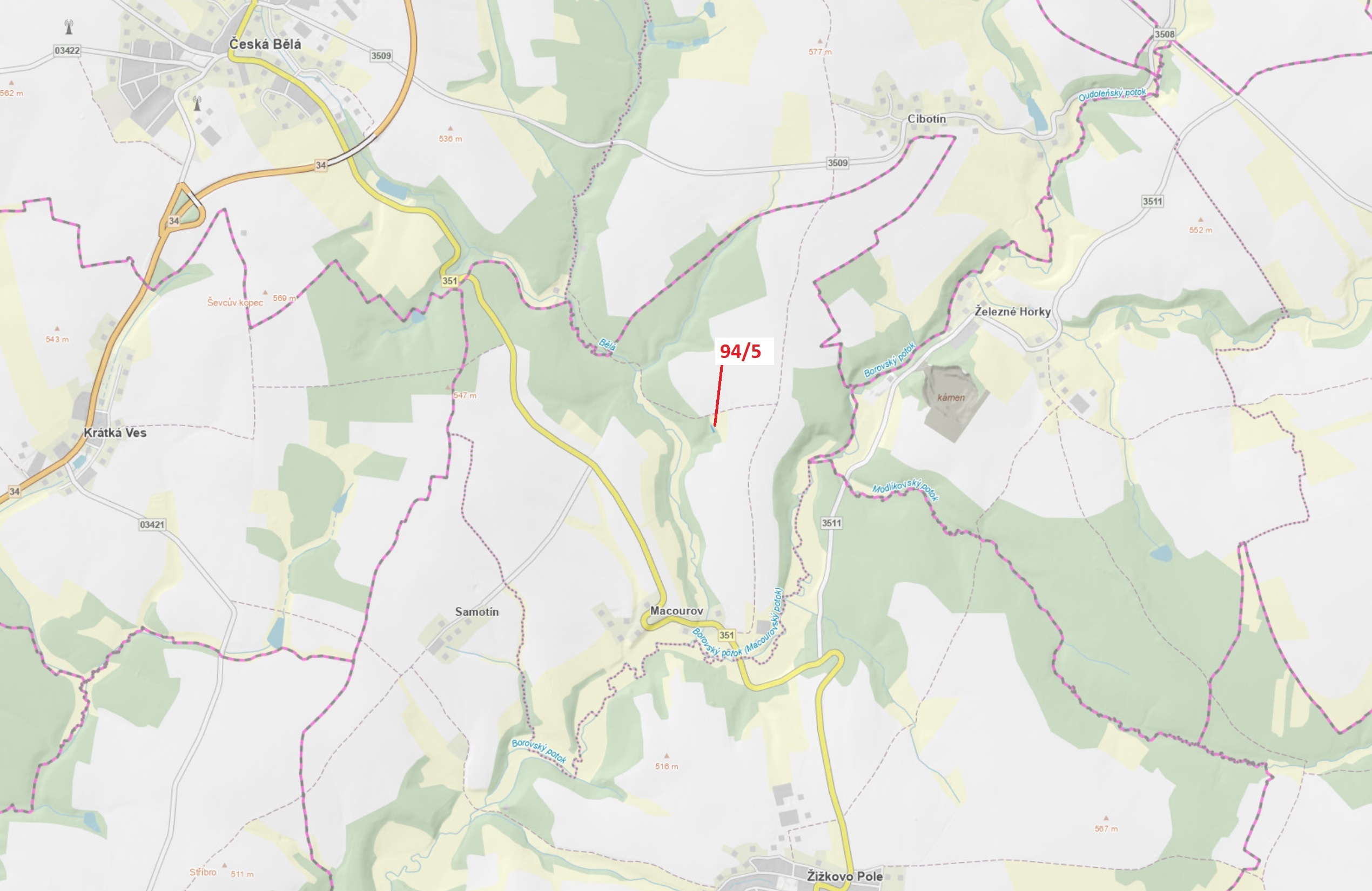 Lesní pozemek o výměře 119 m2, podíl 1/1, katastrální území Macourov, obec Žižkovo Pole, obec s rozš