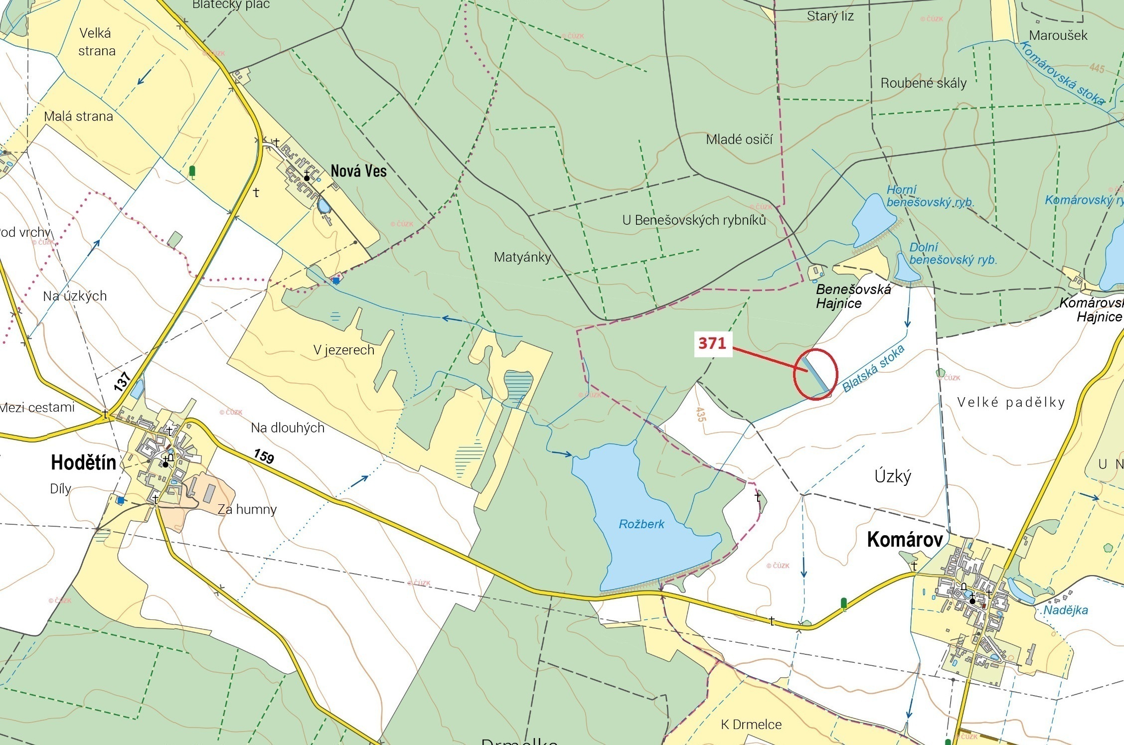 Lesní pozemek o výměře 2175 m2, podíl 1/1, katastrální území Komárov u Soběslavi, obec Komárov, obec