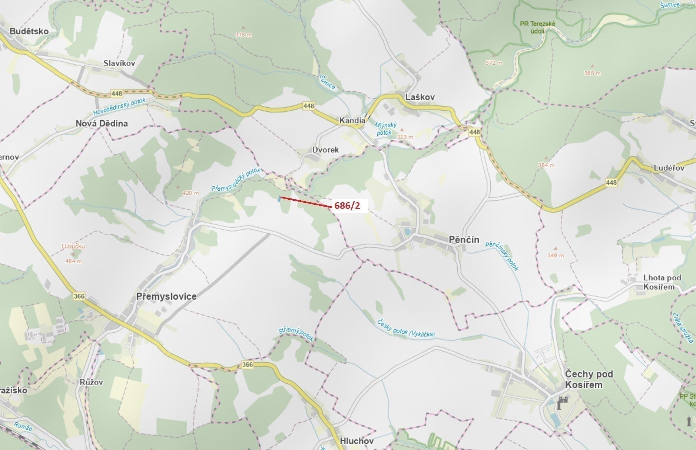 Lesní pozemek o výměře 1381 m2, podíl 1/1, katastrální území Přemyslovice, obec Přemyslovice, obec s