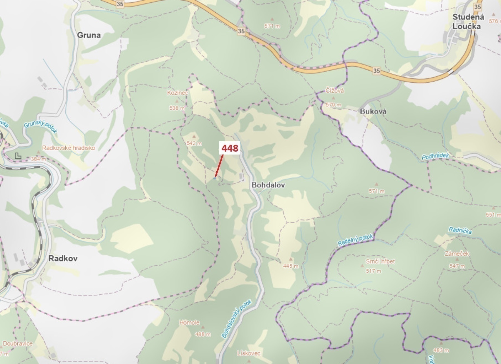 Lesní pozemek o výměře 586 m2, podíl 1/1, katastrální území Bohdalov u Městečka Trnávky, obec Městeč