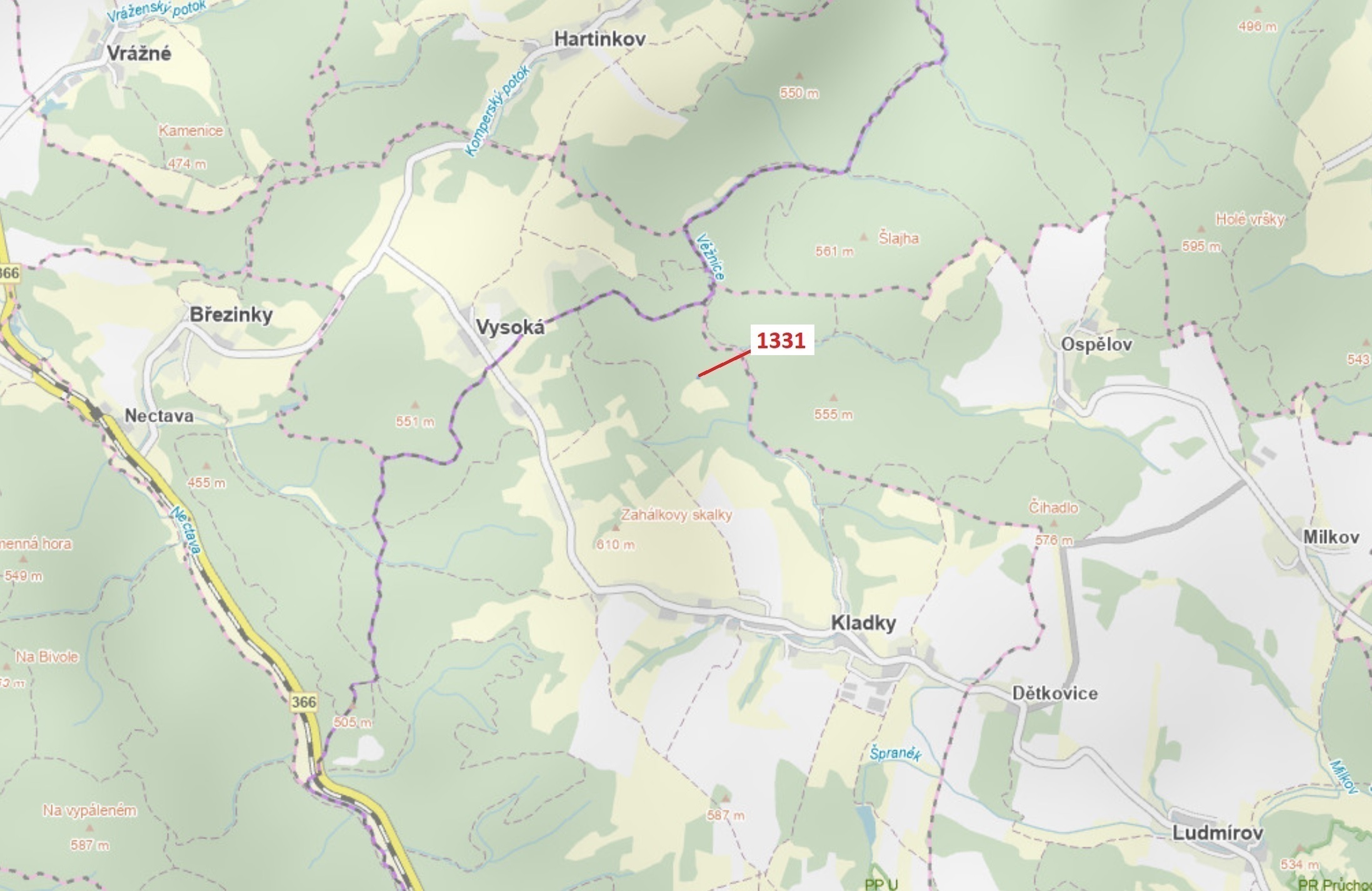 Lesní pozemek o výměře 183 m2, podíl 1/1, katastrální území Kladky, obec Kladky, obec s rozšířenou p