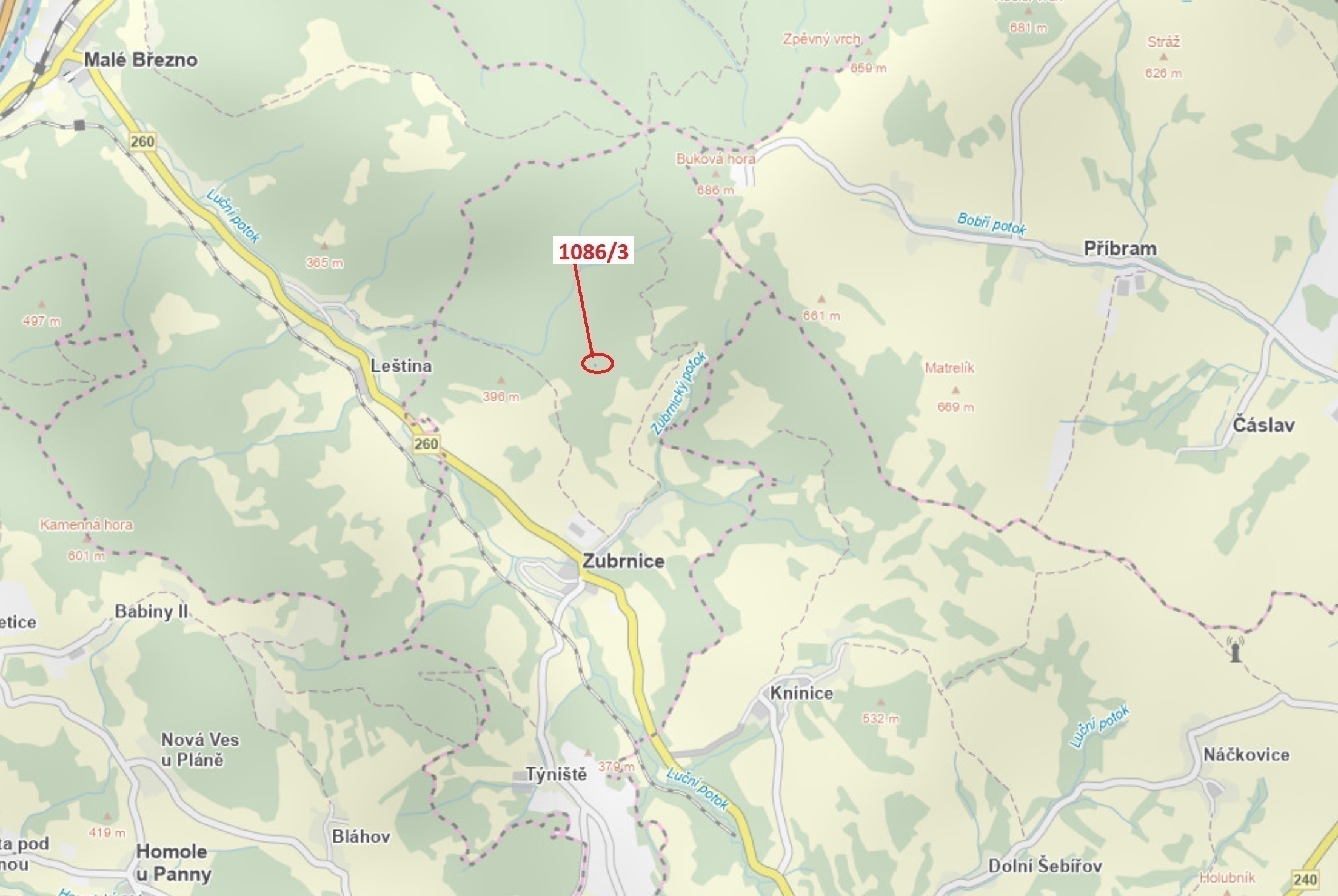 Lesní pozemek o výměře 18 m2, podíl  9/10, katastrální území Zubrnice, obec Zubrnice, obec s rozšíře