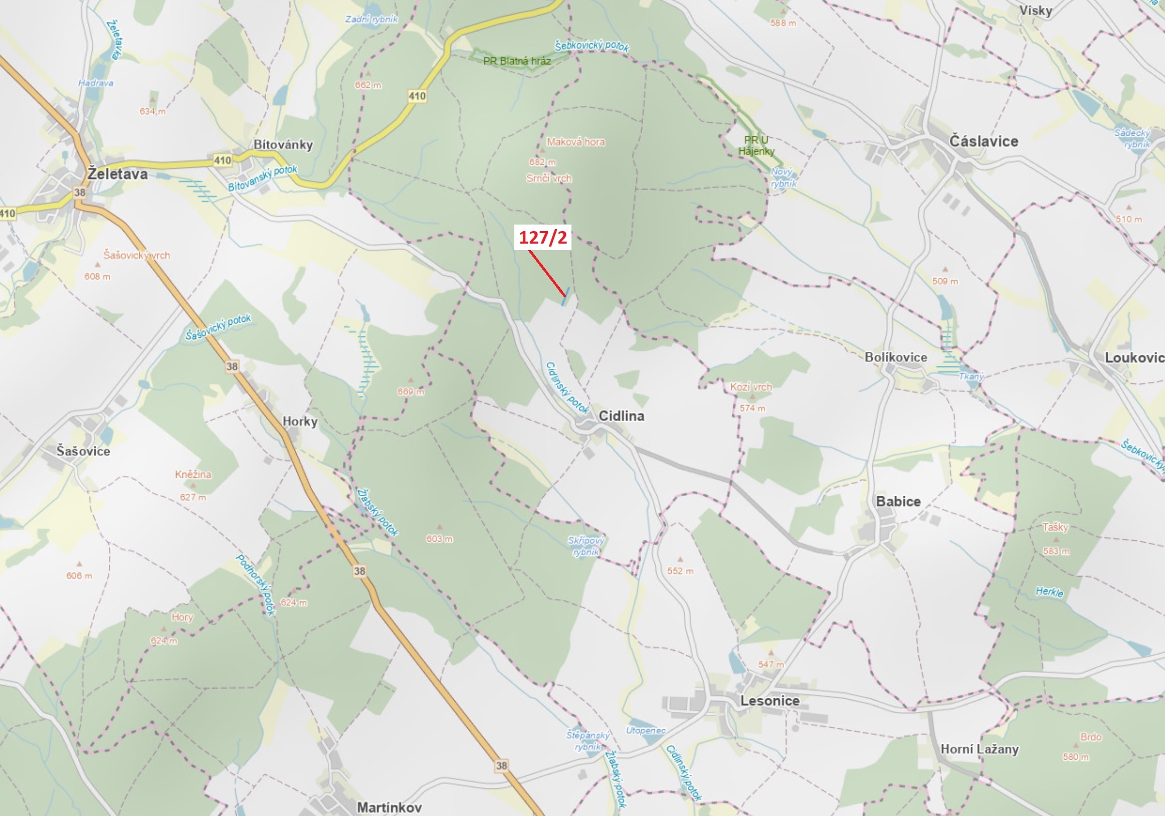 Lesní pozemek o výměře 1615 m2, podíl 1/1, katastrální území Cidlina na Moravě, obec Cidlina, obec s