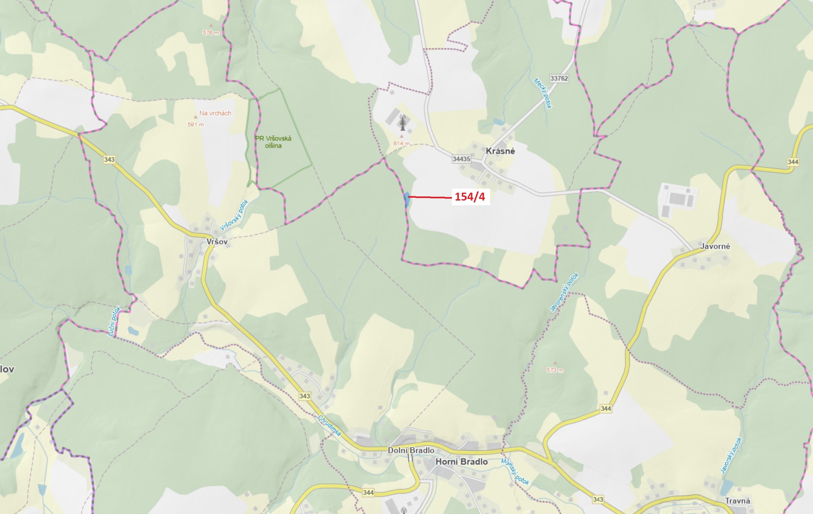 Lesní pozemek o výměře 2471 m2, podíl 1/1, katastrální území Krásné, obec Krásné, obec s rozšířenou 