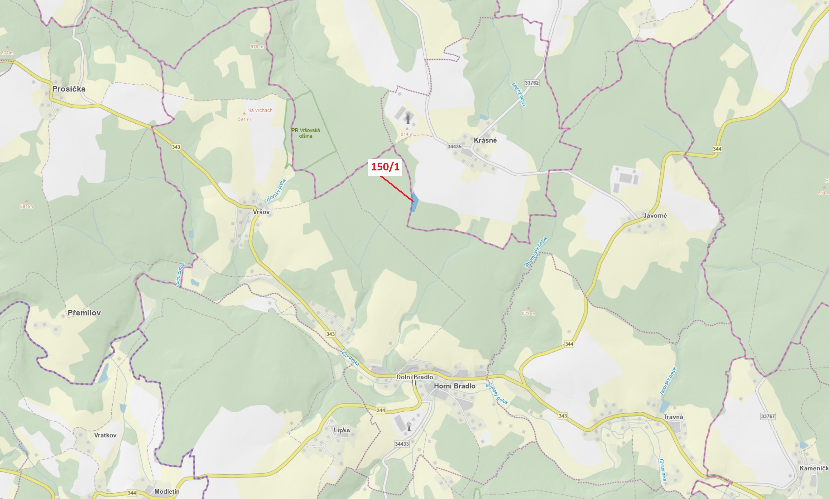 Lesní pozemek o výměře 6169 m2, podíl 1/1, katastrální území Krásné, obec Krásné, obec s rozšířenou 