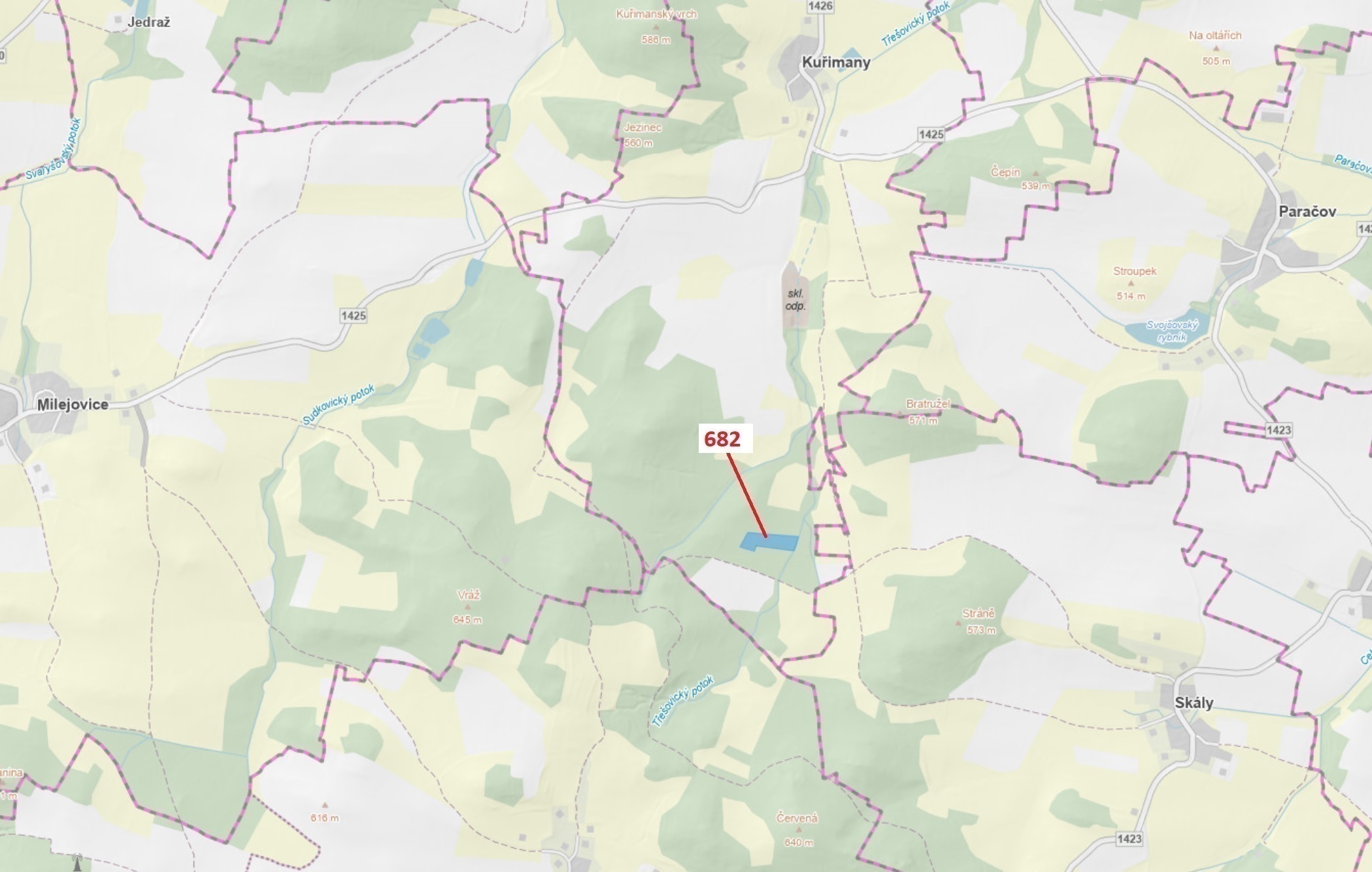 Lesní pozemek o výměře 11 584 m2, podíl 1/1, katastrální území Kuřimany, obec Kuřimany, obec s rozší