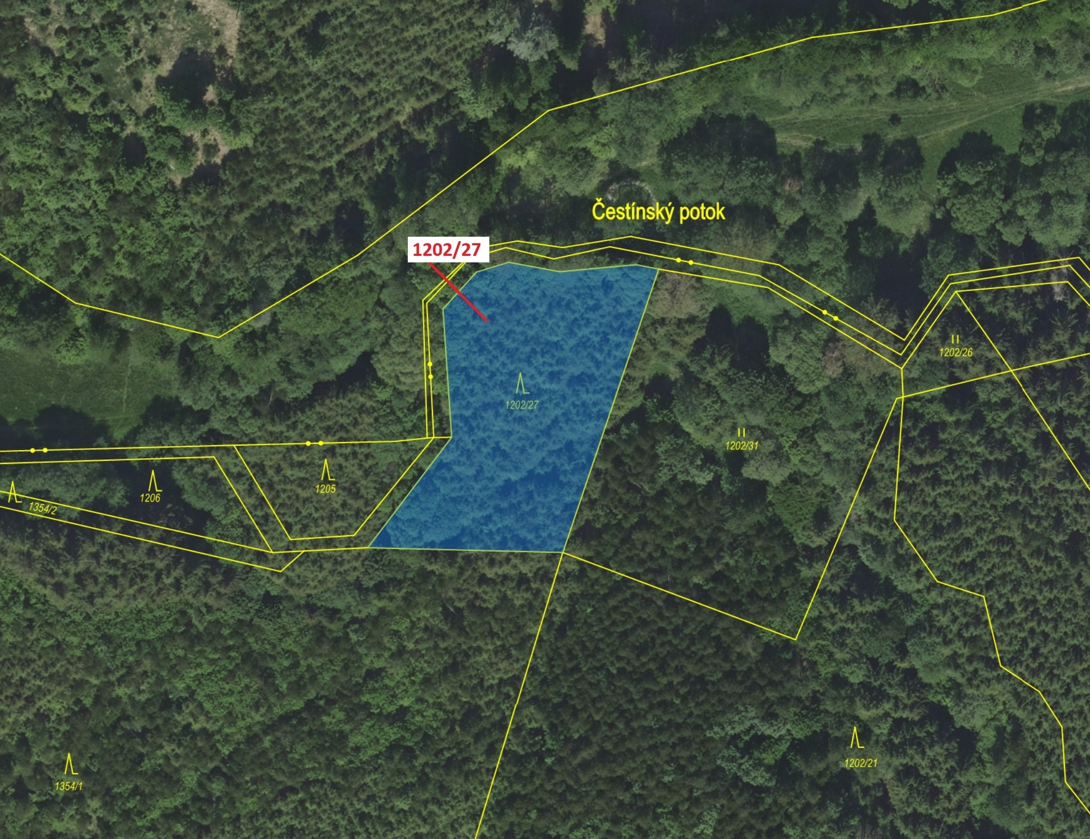Lesní pozemek o výměře 2055 m2, podíl 1/1, katastrální území Kněž u Čestína, obec Čestín, obec s roz