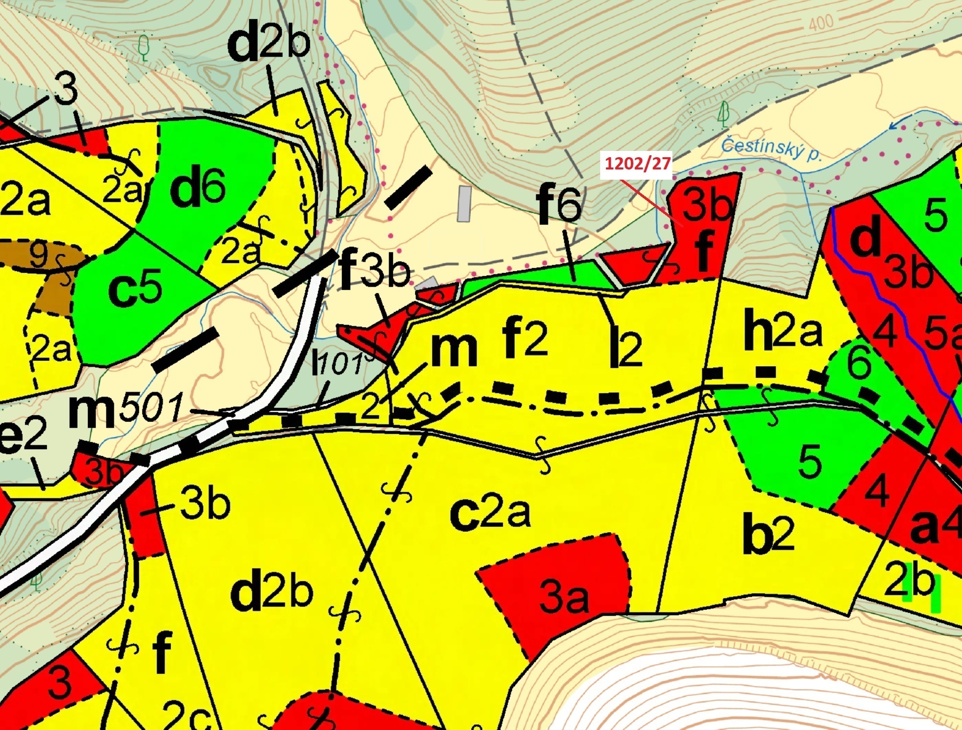 Lesní pozemek o výměře 2055 m2, podíl 1/1, katastrální území Kněž u Čestína, obec Čestín, obec s roz