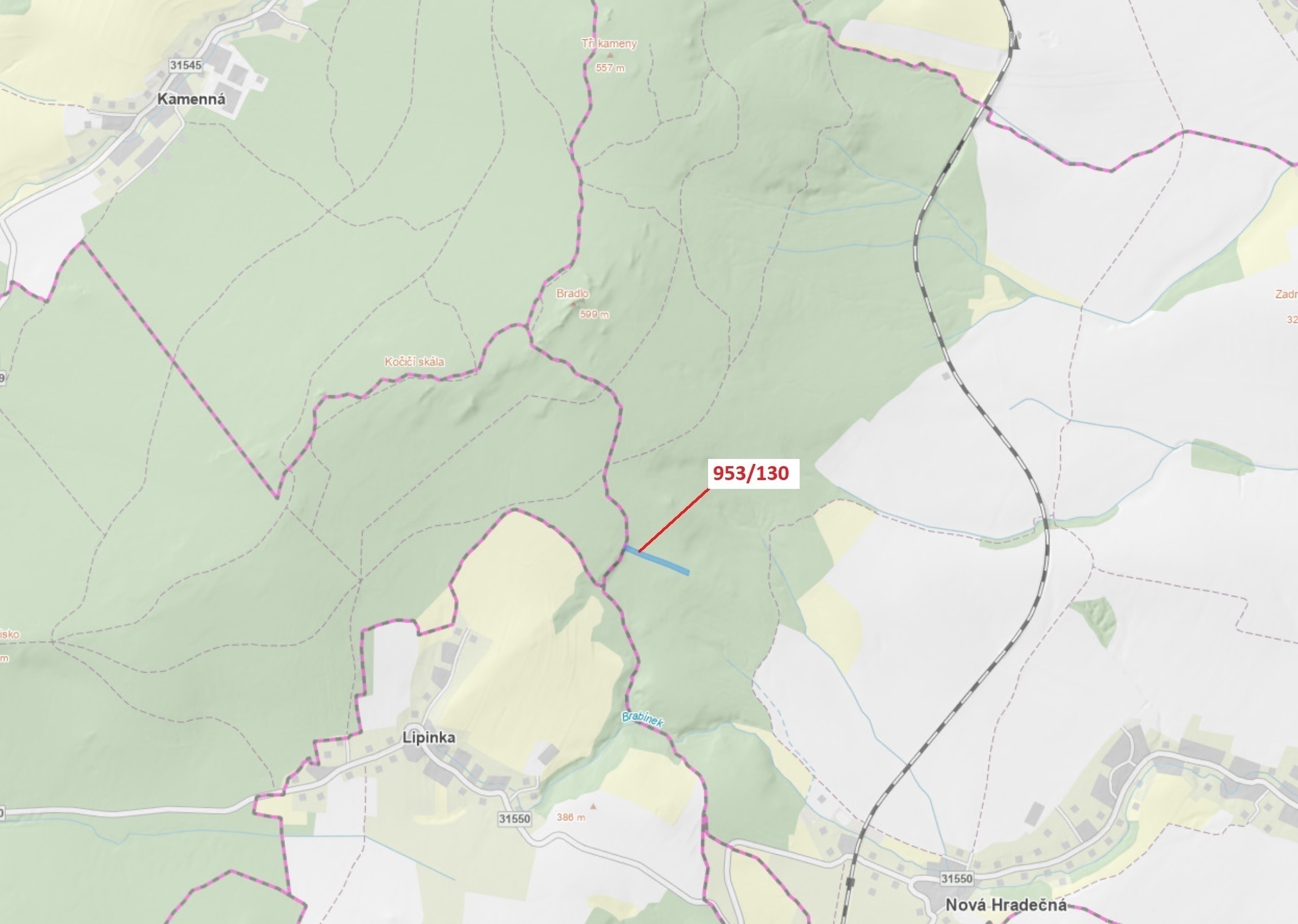 Lesní pozemek o výměře 5079 m2, podíl 1/1, katastrální území Nová Hradečná, obec Nová Hradečná, obec