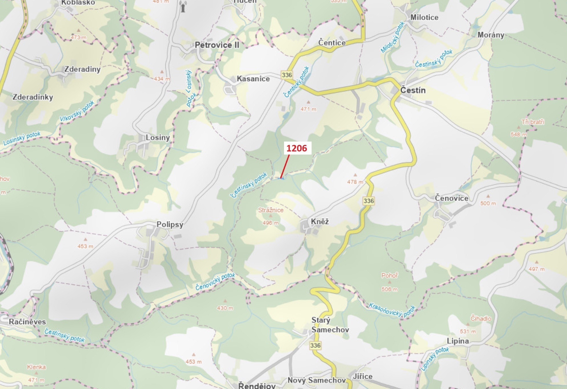 Lesní pozemek o výměře 795 m2, podíl 1/1, katastrální území Kněž u Čestína, obec Čestín, obec s rozš