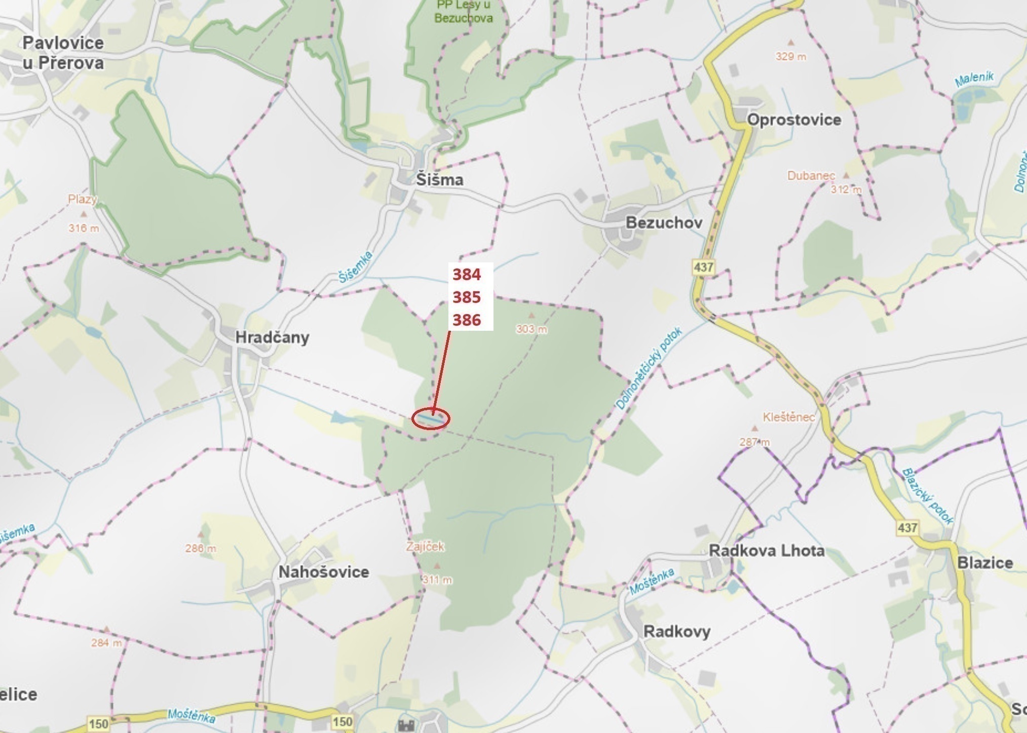 Lesní pozemky o výměře 3483 m2, podíl 1/1, katastrální území Hradčany na Moravě, obec Hradčany, obec