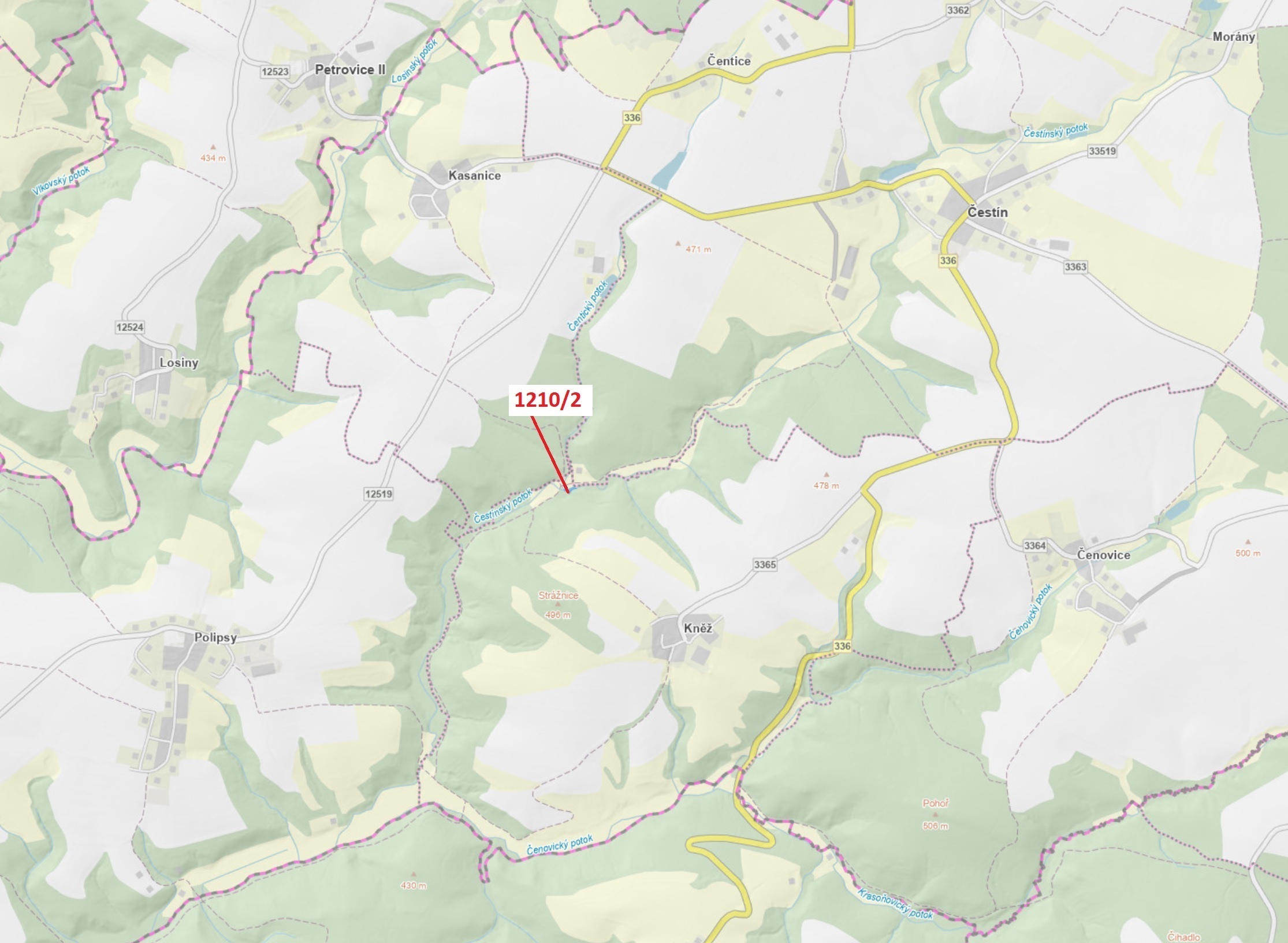 Lesní pozemek o výměře 633 m2, podíl 1/1, katastrální území Kněž u Čestína, obec Čestín, obec s rozš