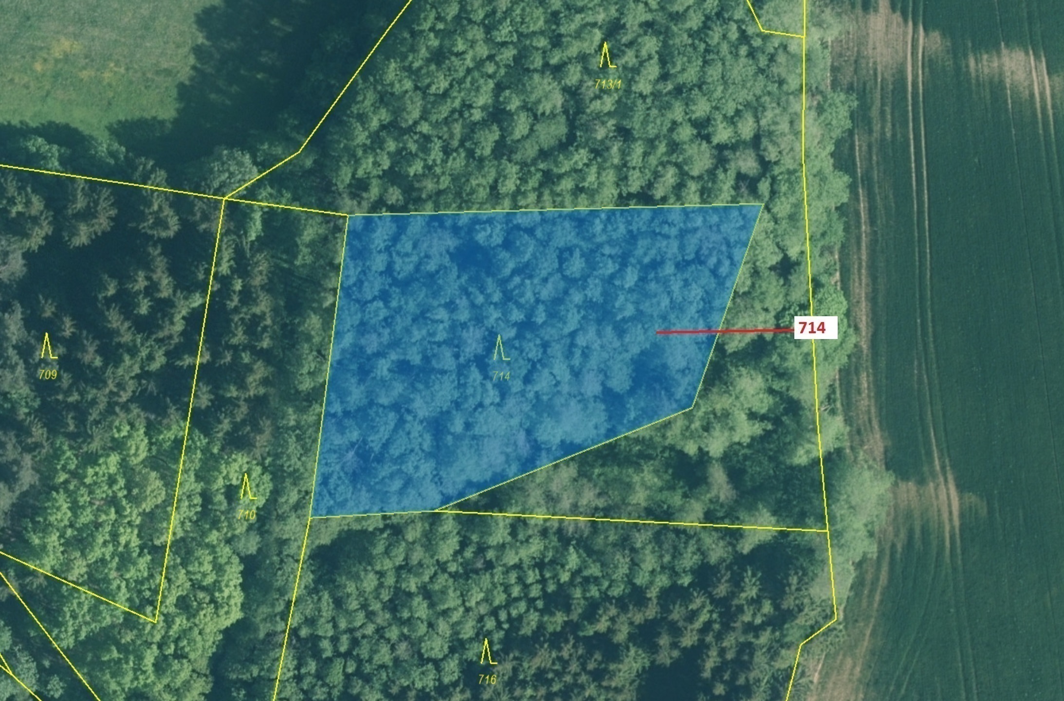 Lesní pozemek o výměře 2850 m2, podíl 1/1, katastrální území Kuřimany, obec Kuřimany, obec s rozšíře