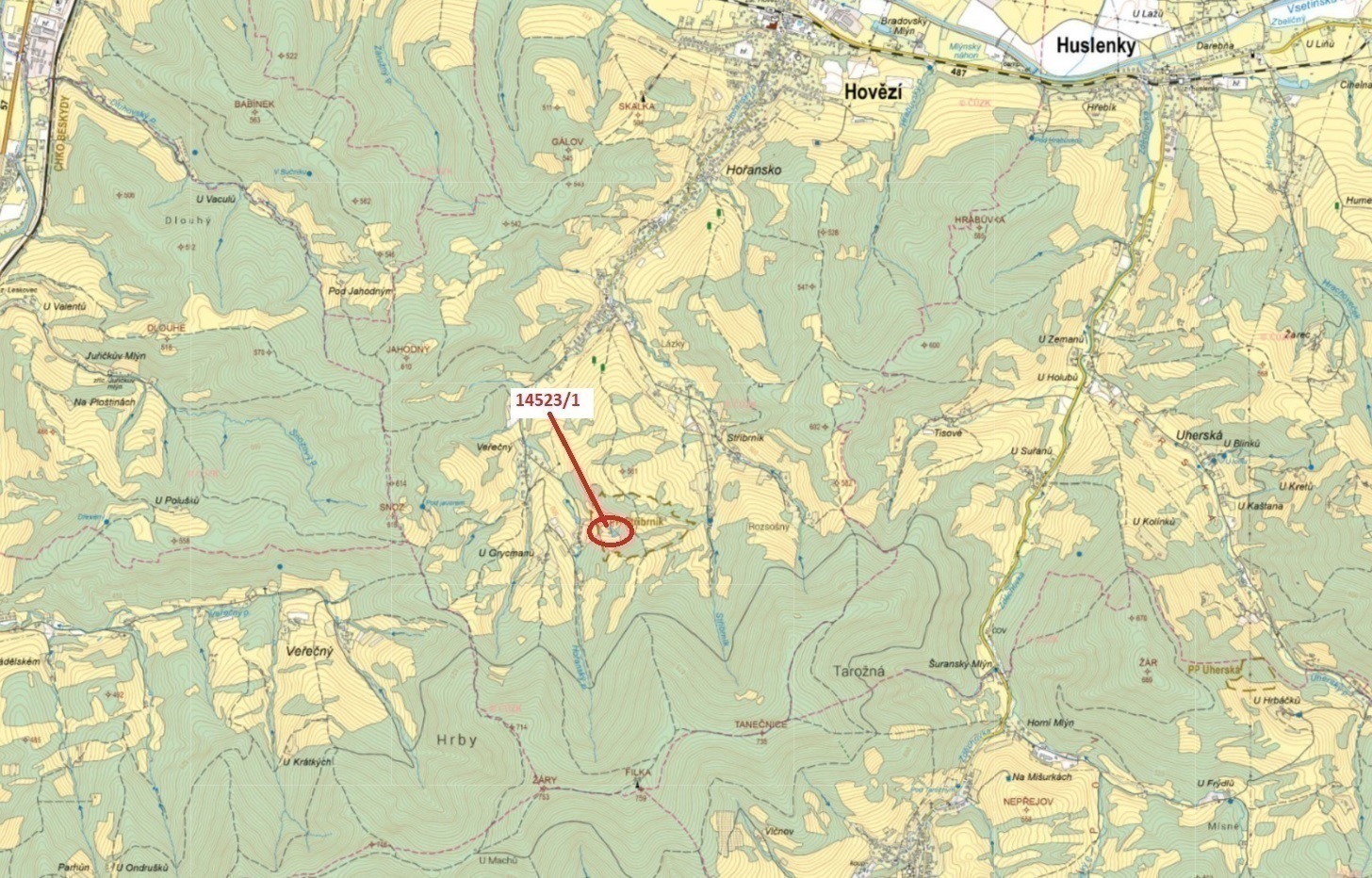 Lesní pozemek o výměře 1547 m2, podíl 1/1, katastrální území Hovězí, obec Hovězí, obec s rozšířenou 