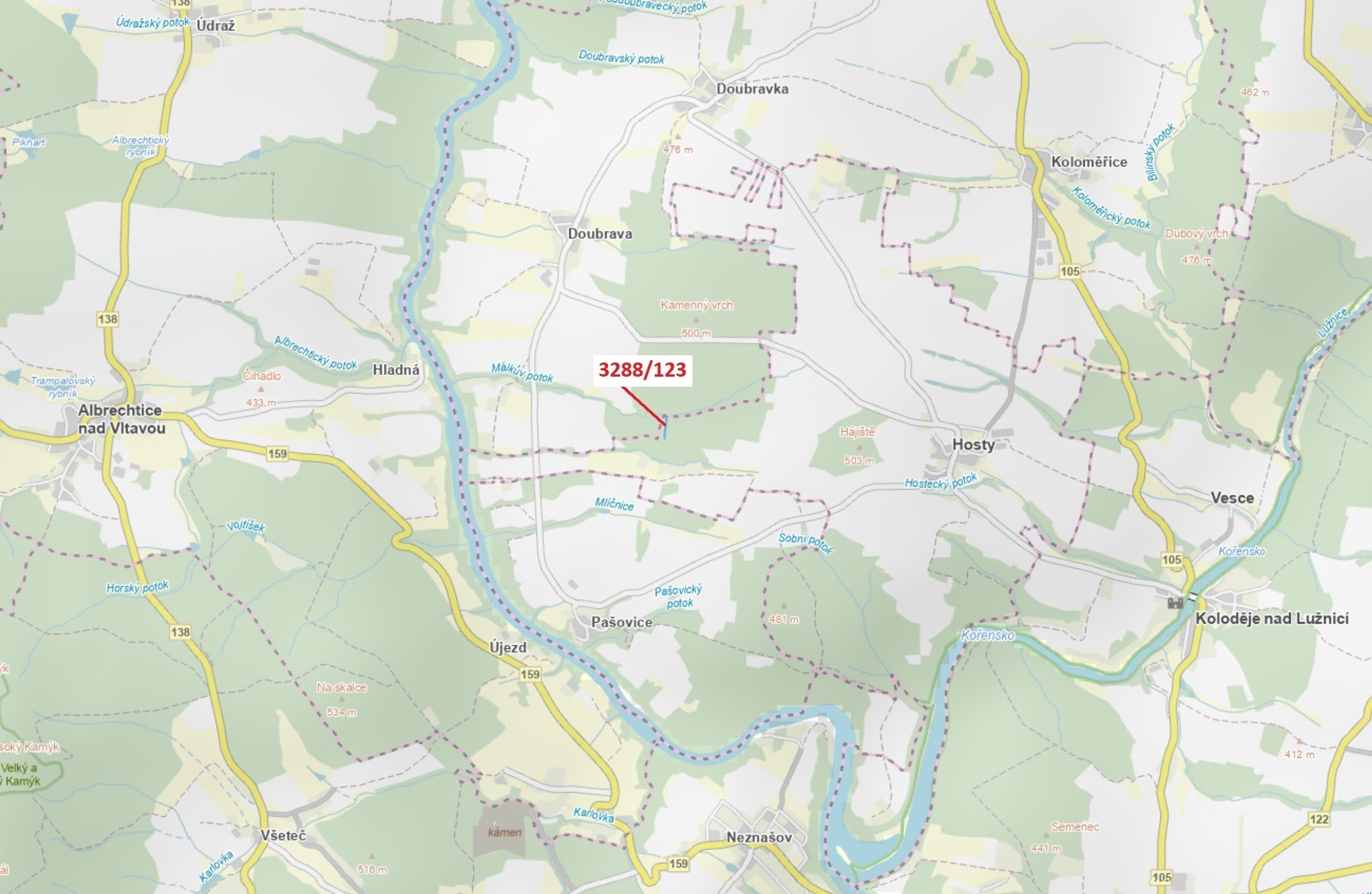 Lesní pozemek o výměře 1707 m2, podíl 1/1, katastrální území Hosty, obec Hosty, obec s rozšířenou pů