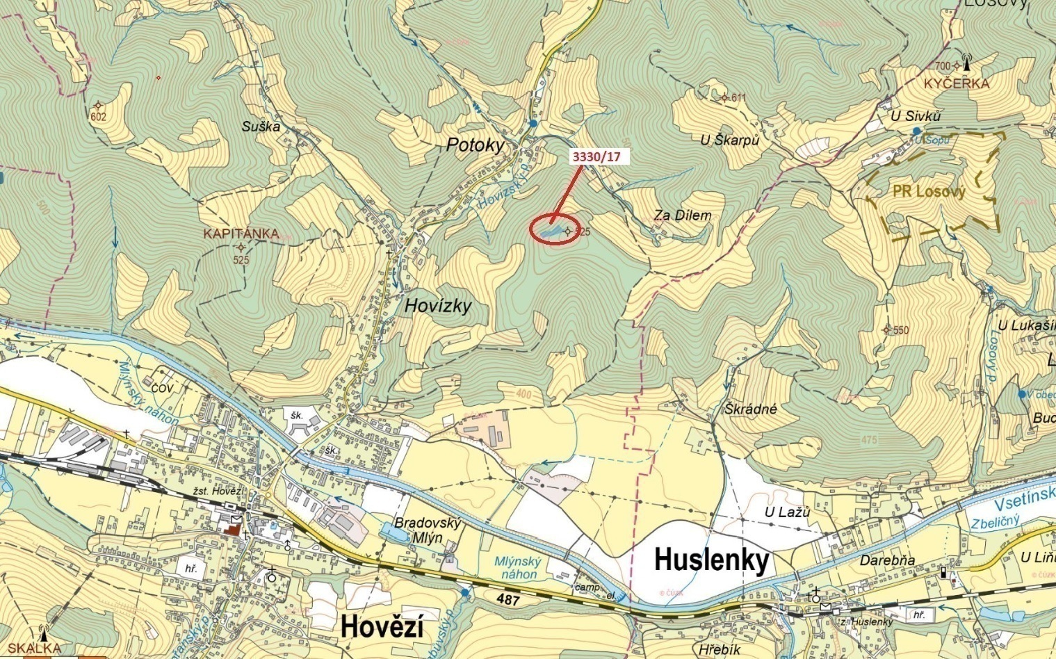 Lesní pozemek o výměře 1781 m2, podíl 1/1, katastrální území Hovězí, obec Hovězí, obec s rozšířenou 