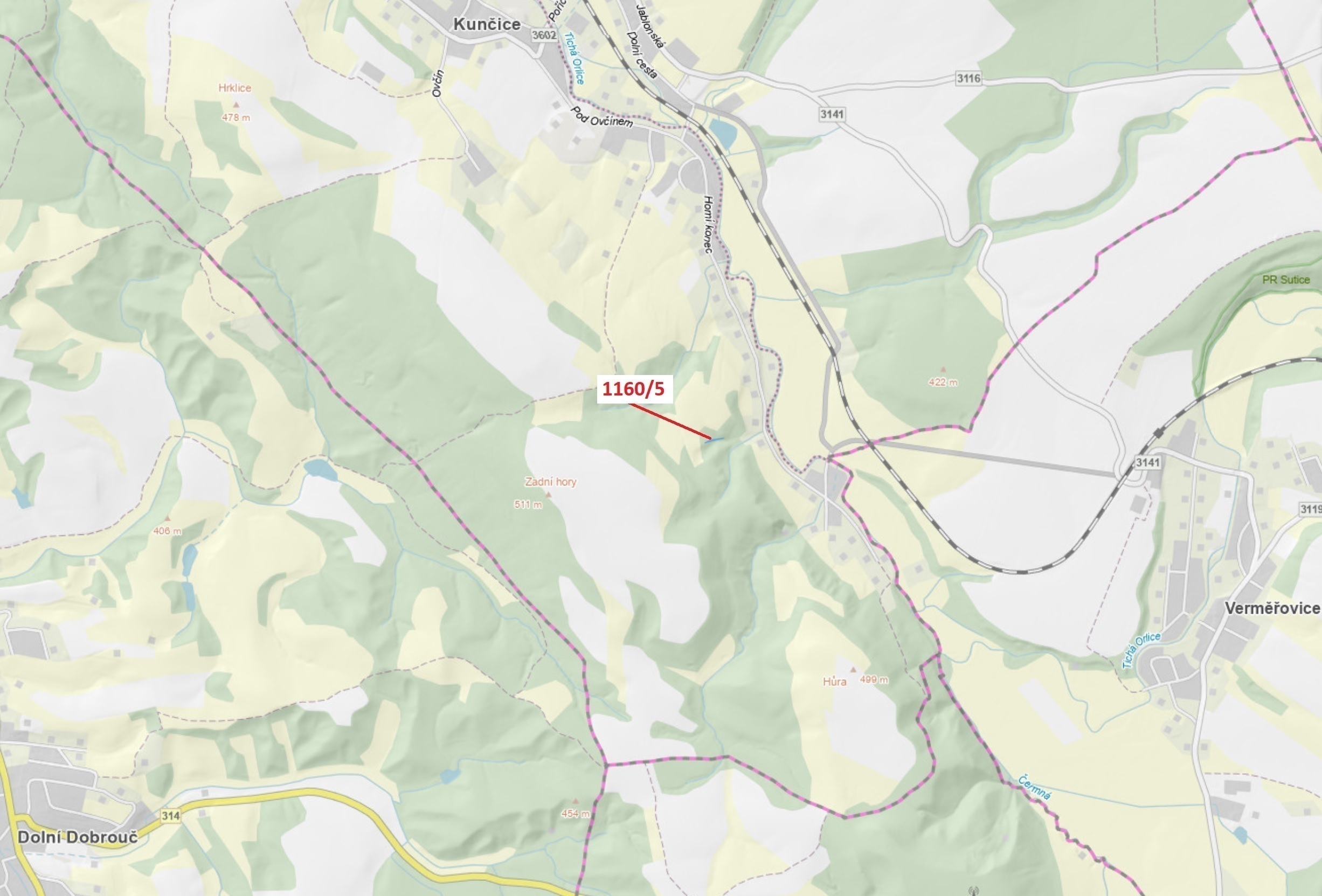 Lesní pozemek o výměře 282 m2, podíl 1/1, katastrální území Kunčice u Letohradu, obec Letohrad, obec