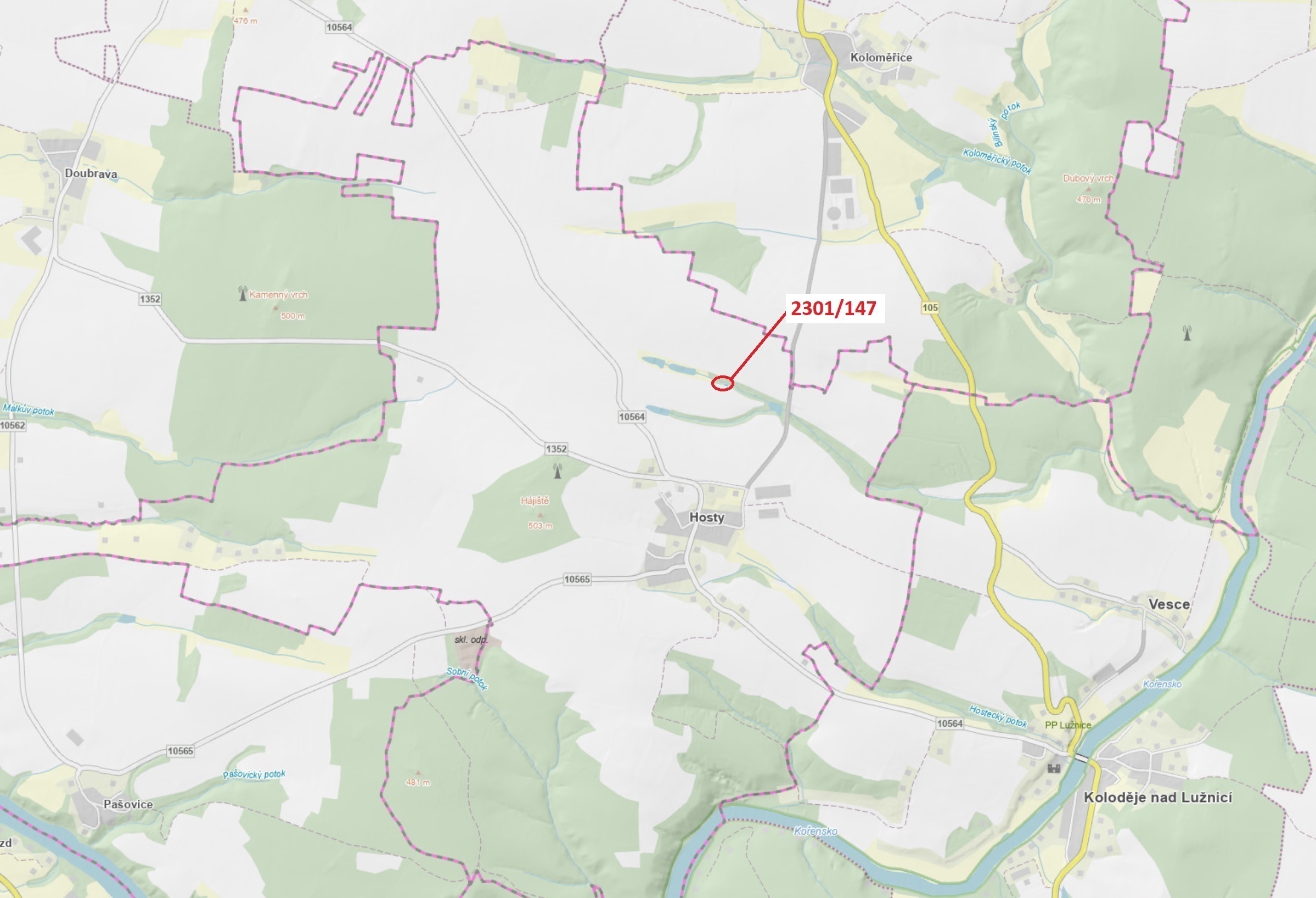 Lesní pozemek o výměře 19 m2, podíl 1/1, katastrální území Hosty, obec Hosty, obec s rozšířenou půso