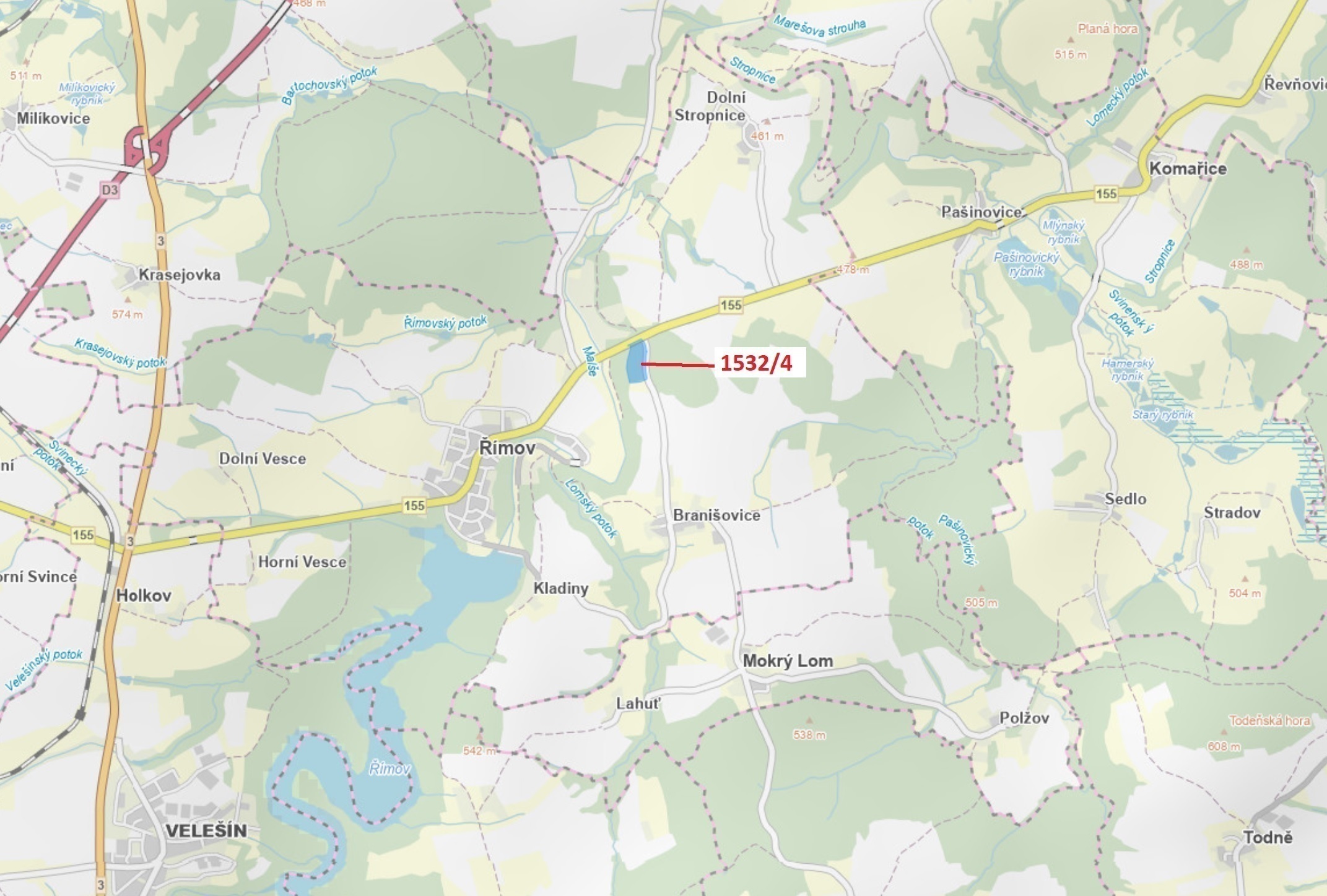 Lesní pozemek o výměře 34 065 m2, podíl 1/1, katastrální území Dolní Stropnice, obec Římov, obec s r