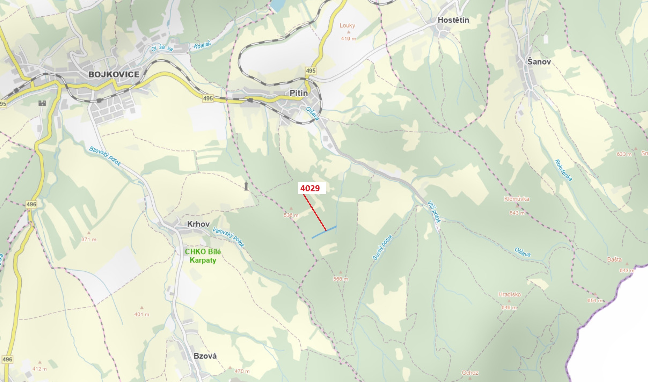 Lesní pozemek o výměře 5996 m2, podíl 1/1, katastrální území Pitín, obec Pitín, obec s rozšířenou pů