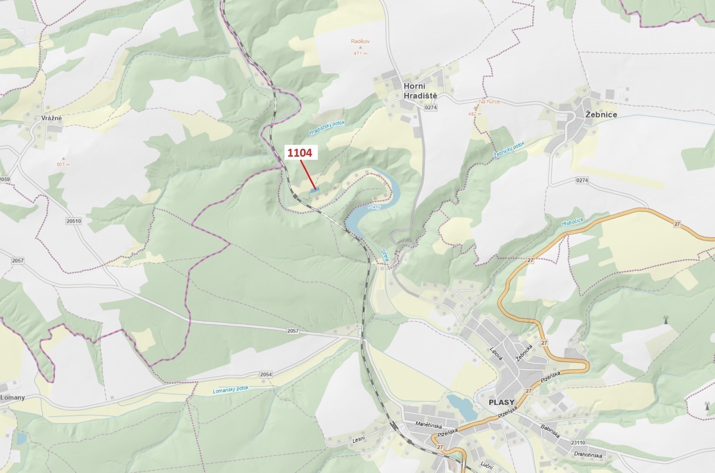 Lesní pozemek o výměře 1489 m2, podíl 1/1, katastrální území Horní Hradiště, obec Plasy, obec s rozš