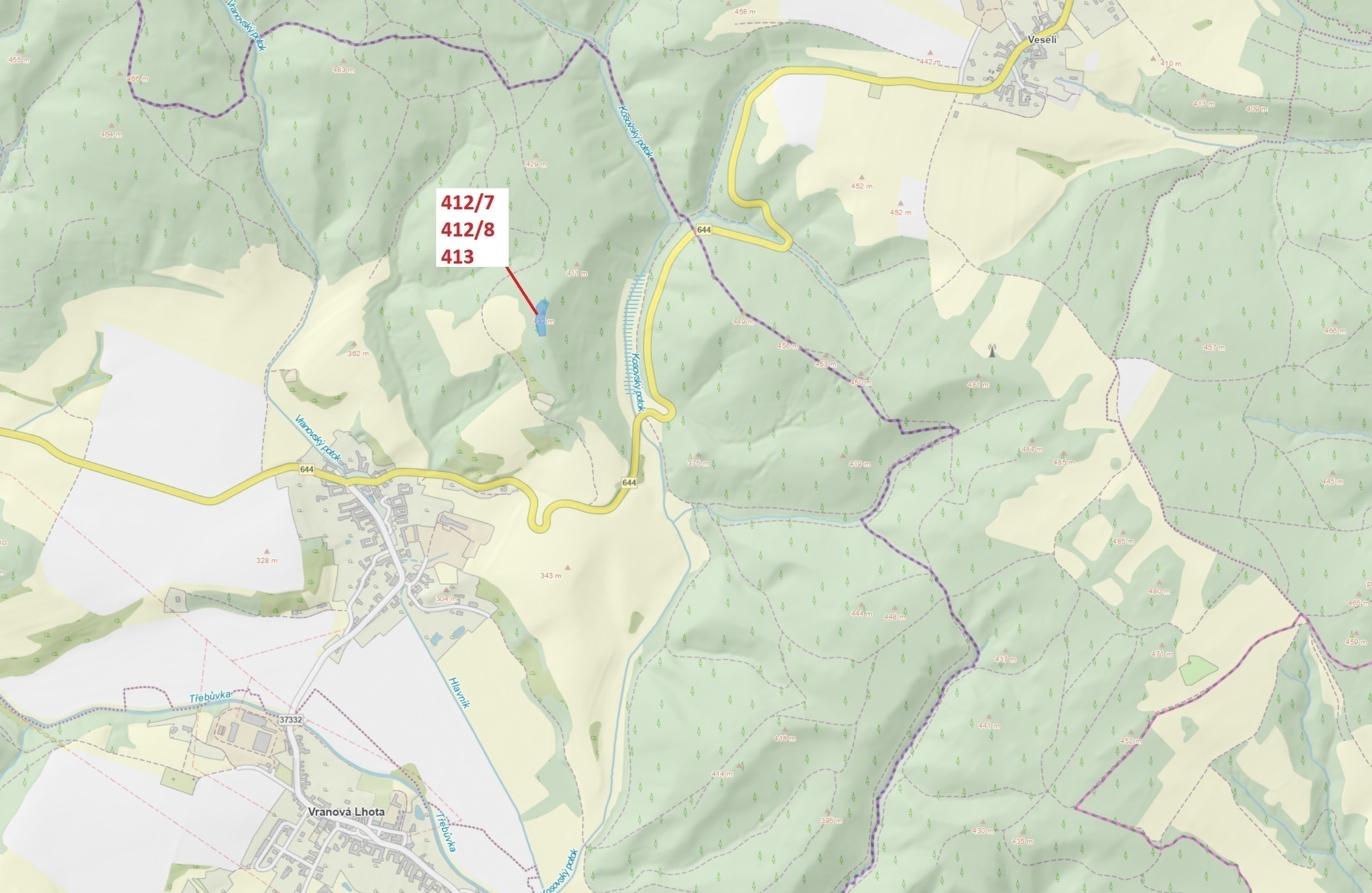 Lesní pozemek o výměře 3 744 m2, podíl 1/1, katastrální území Vranová, obec Vranová Lhota, obec s ro
