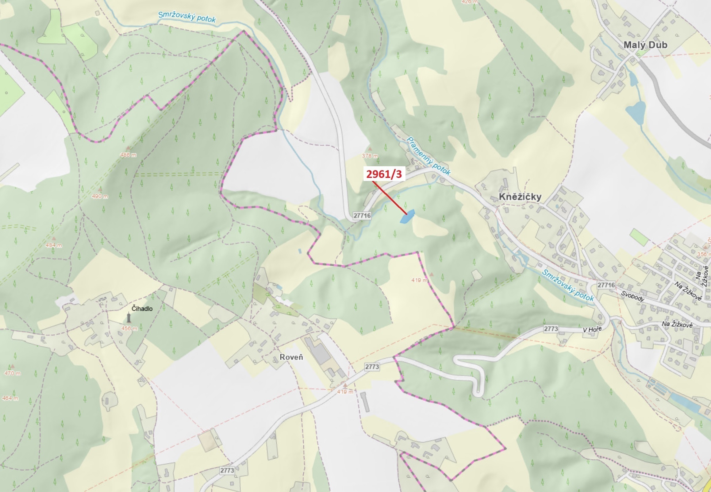 Lesní pozemek o výměře 1217 m2, podíl 1/1, katastrální území Český Dub, obec Český Dub, obec s rozší