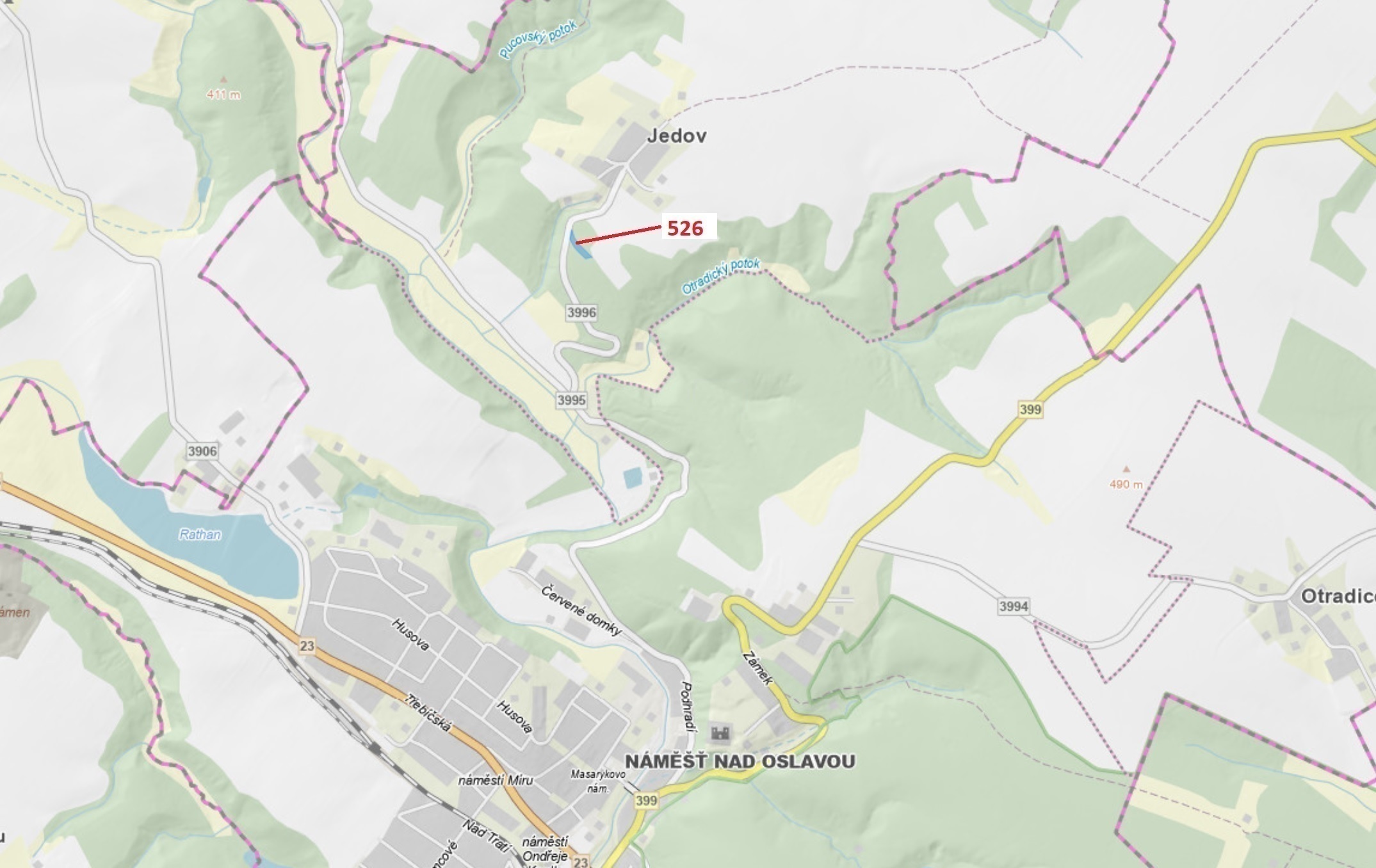 Lesní pozemek o výměře 1796 m2, podíl 1/1, katastrální území Jedov, obec Náměšť nad Oslavou, obec s 