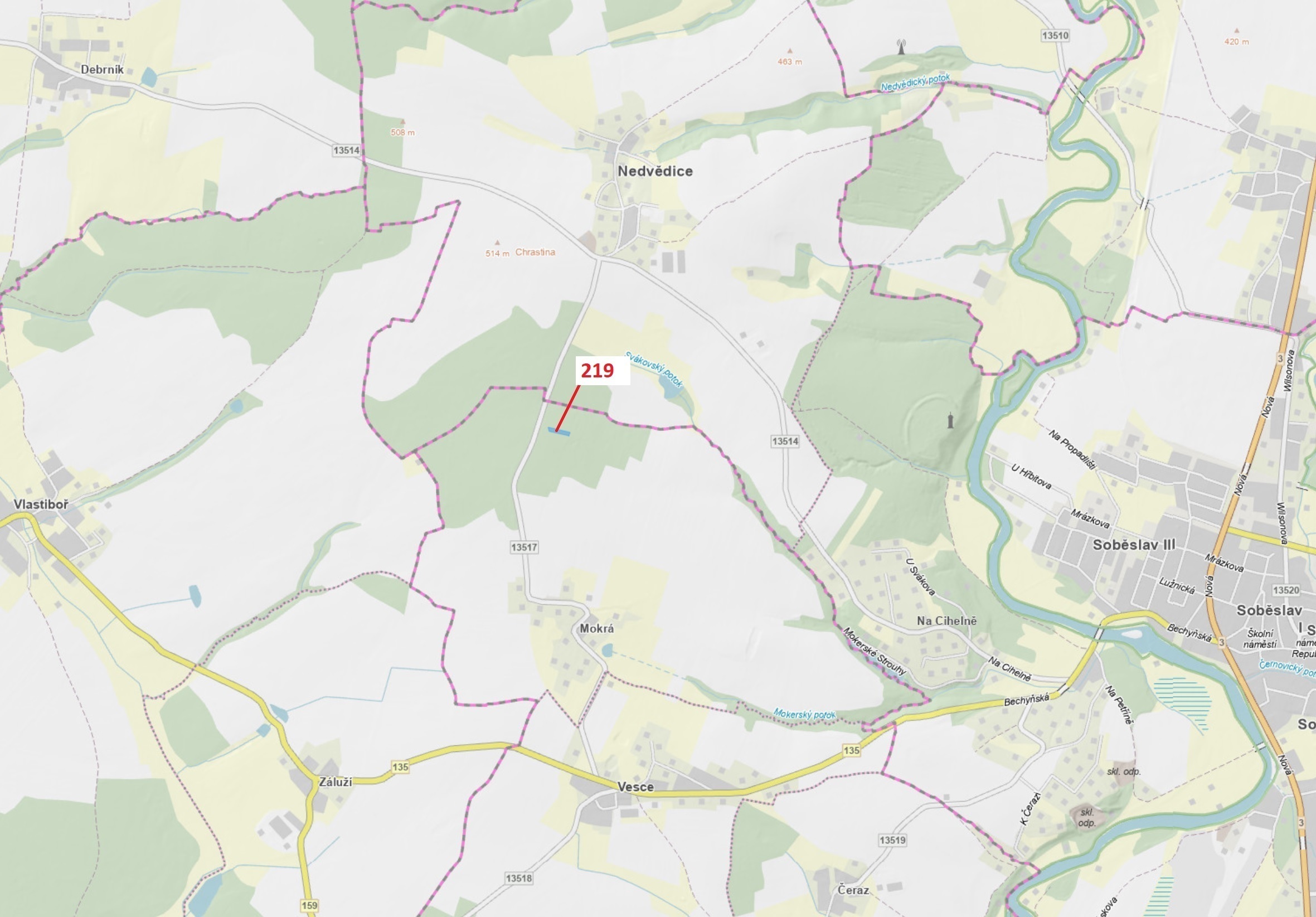 Lesní pozemek o výměře 1673 m2, podíl 1/1, katastrální území Mokrá u Soběslavi, obec Vesce, obec s r