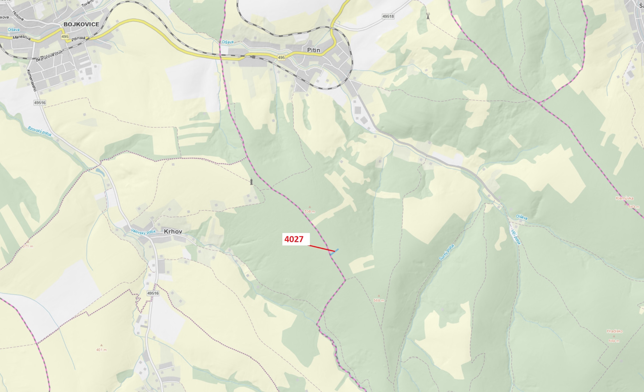 Lesní pozemek o výměře 1282 m2, podíl 1/1, katastrální území Pitín, obec Pitín, obec s rozšířenou pů