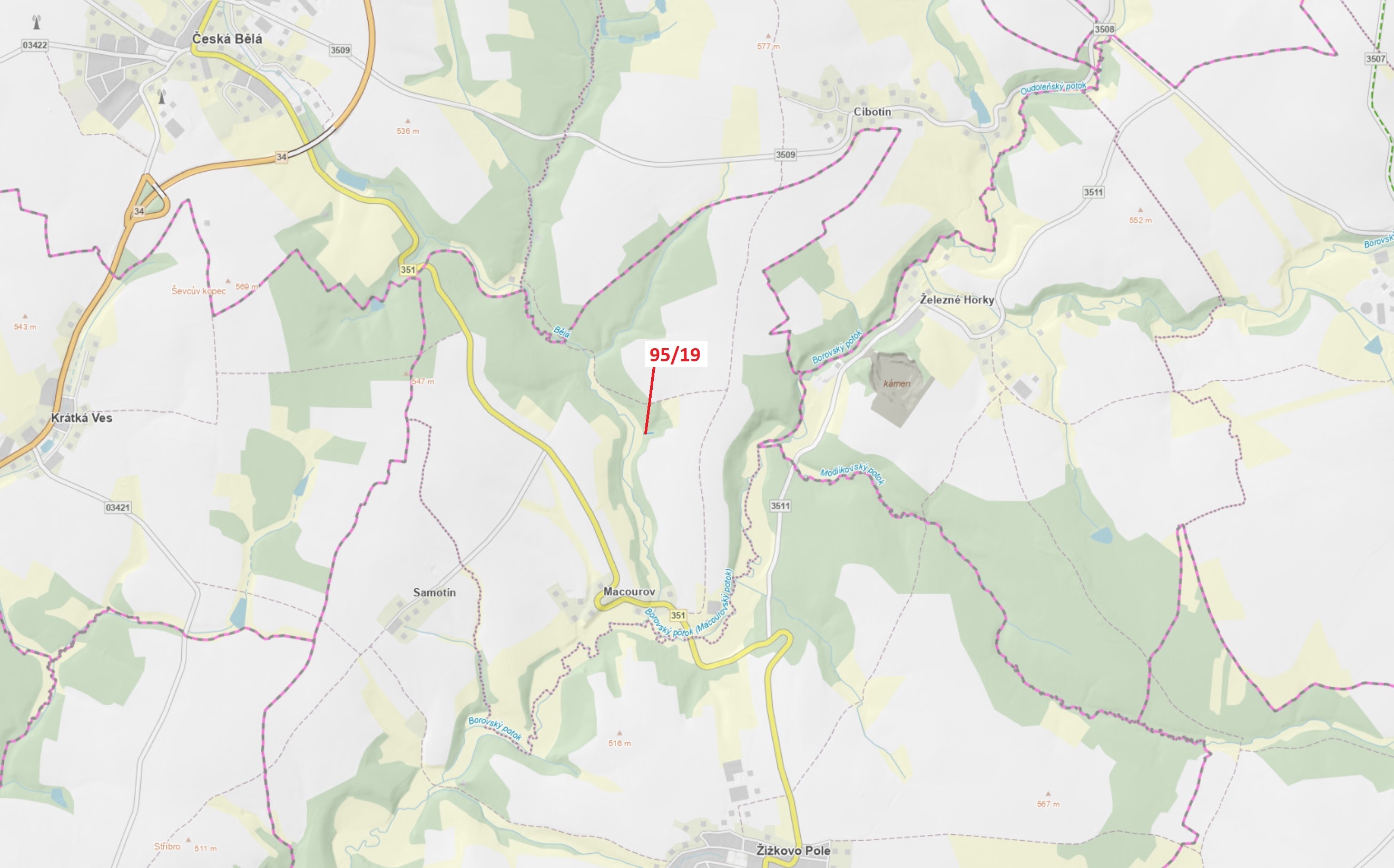 Lesní pozemek o výměře 121 m2, podíl 1/1, katastrální území Macourov, obec Žižkovo Pole, obec s rozš