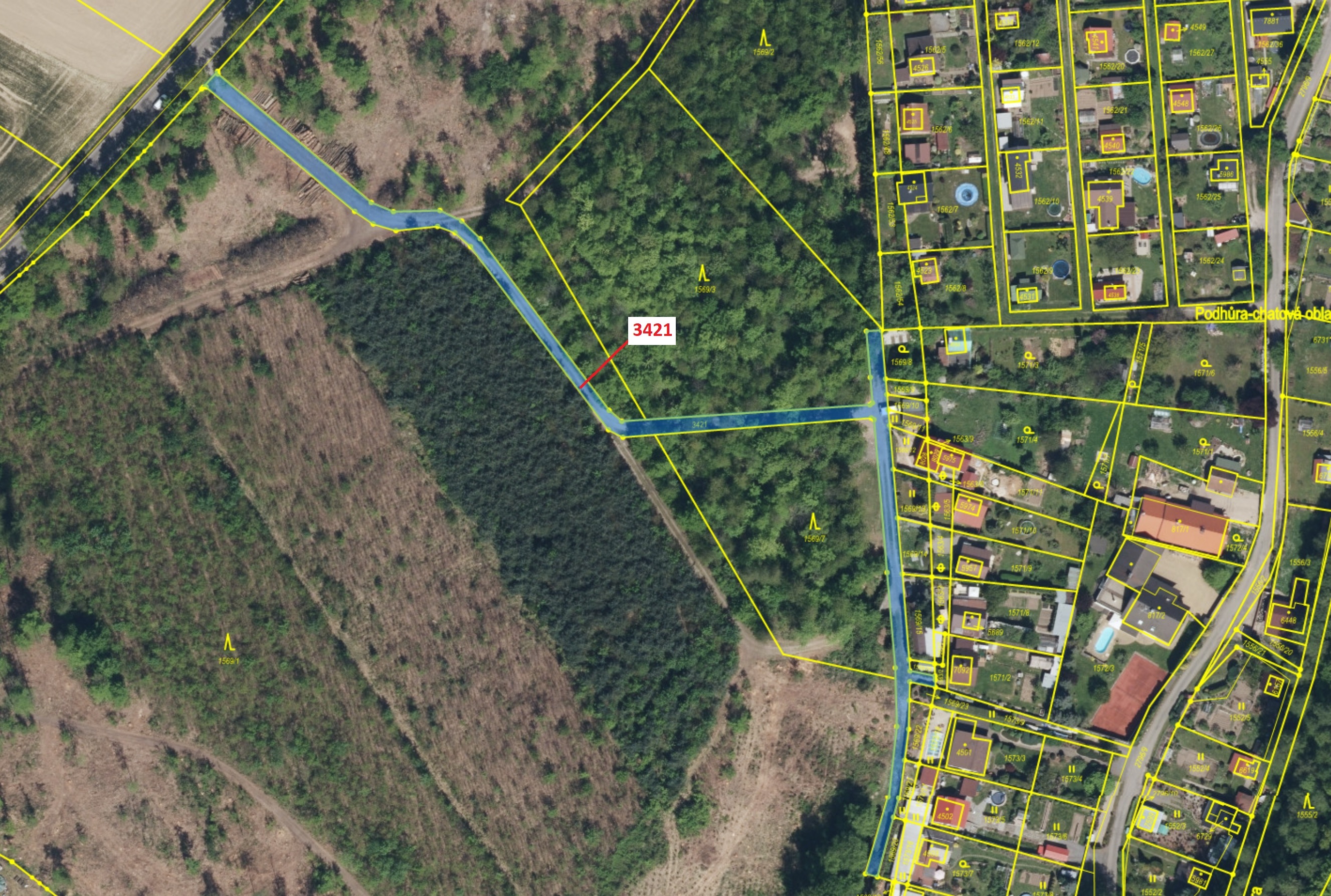 Lesní pozemek o výměře 1417 m2, podíl 1/1, katastrální území Chrudim, obec Chrudim, obec s rozšířeno