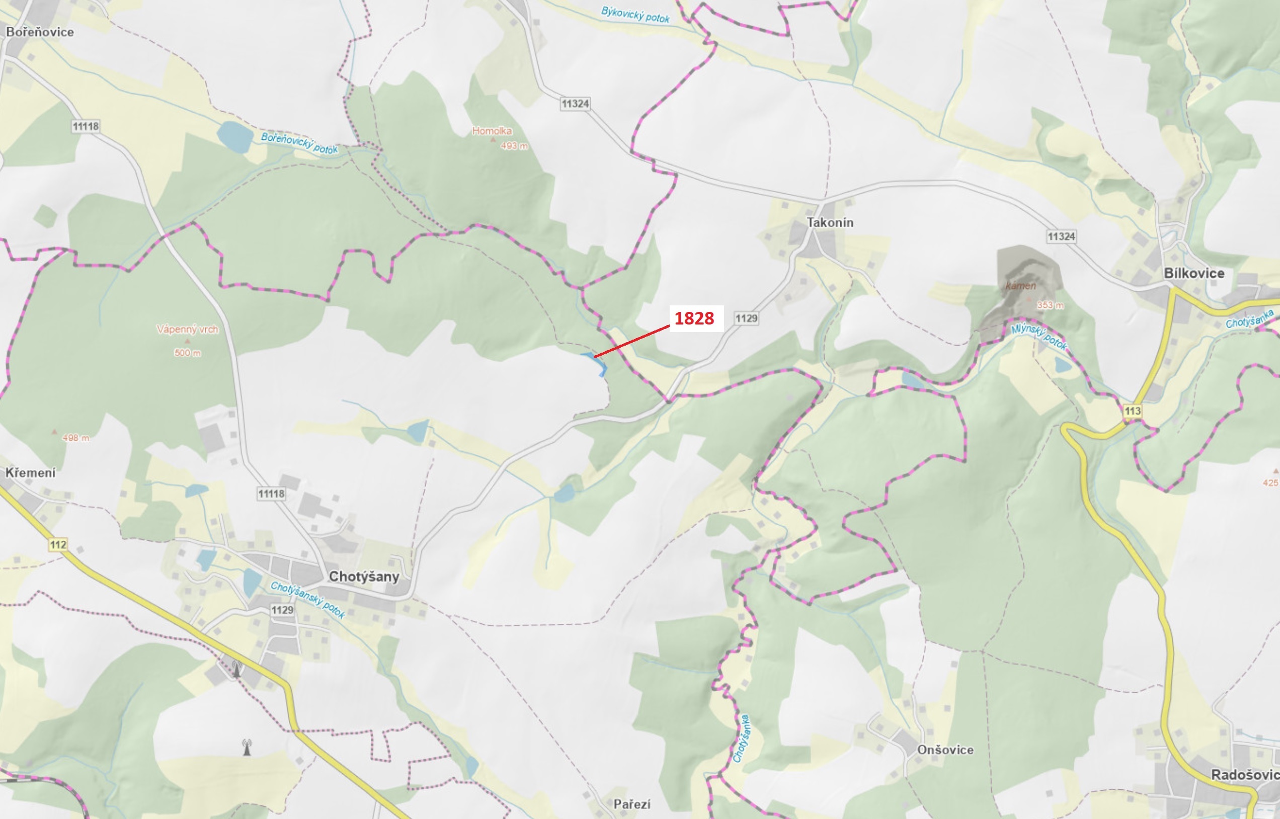 Lesní pozemek o výměře 1841 m2, podíl 1/1, katastrální území Chotýšany, obec Chotýšany, obec s rozší