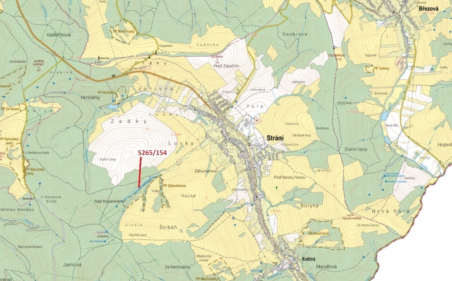 Lesní pozemek o výměře 16 804 m2, podíl 1/1, katastrální území Strání, obec Strání, obec s rozšířeno