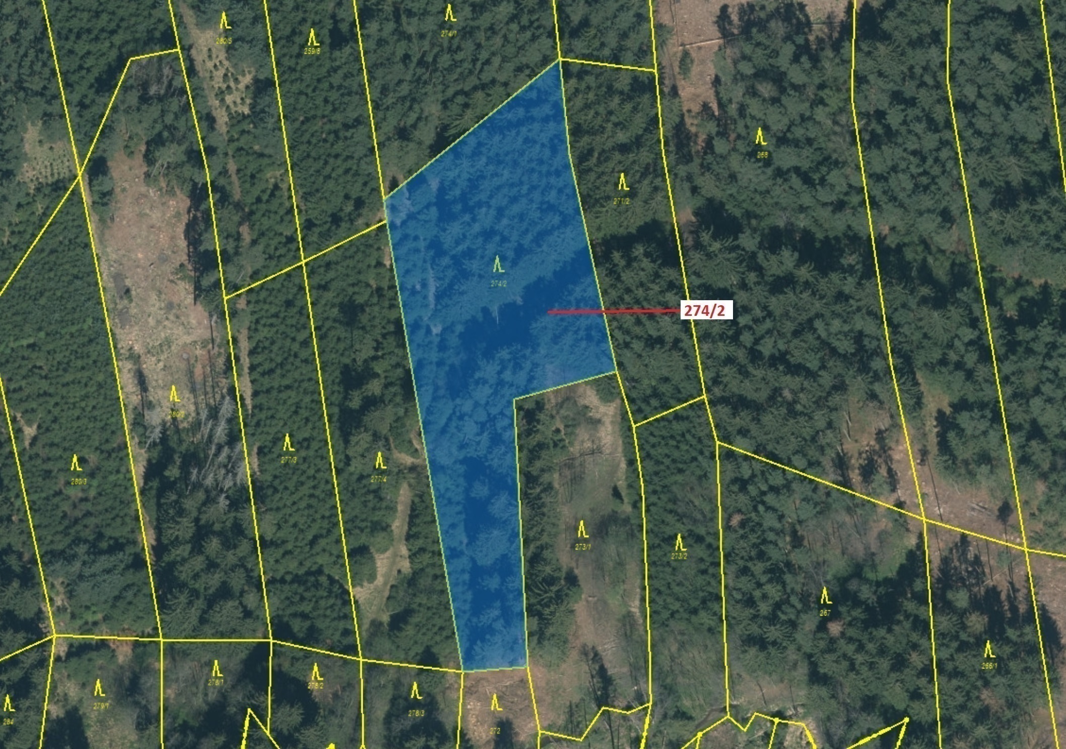 Lesní pozemek o výměře 5 348 m2, podíl 1/1, katastrální území Tříklasovice, obec Psárov, obec s rozš