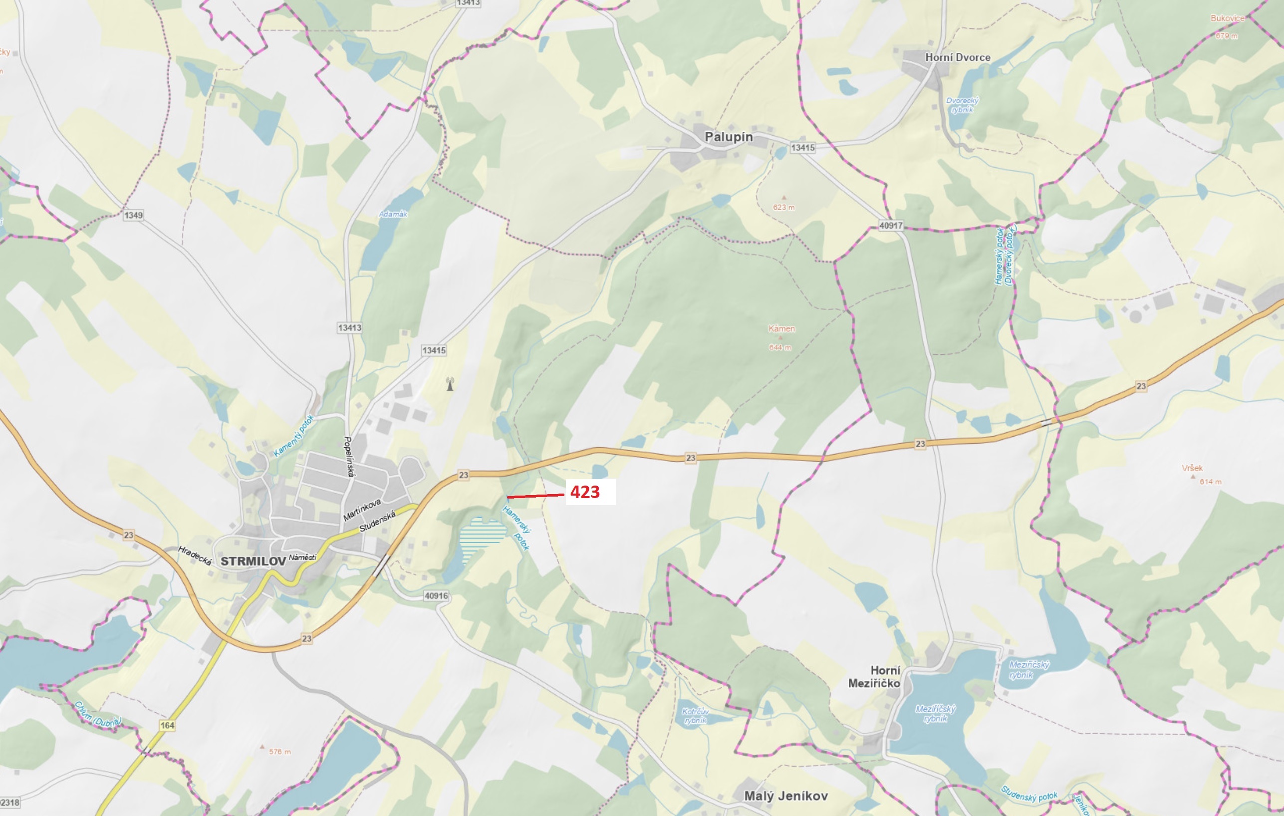 Lesní pozemek o výměře 140 m2, podíl 1/1, katastrální území Strmilov, obec Strmilov, obec s rozšířen