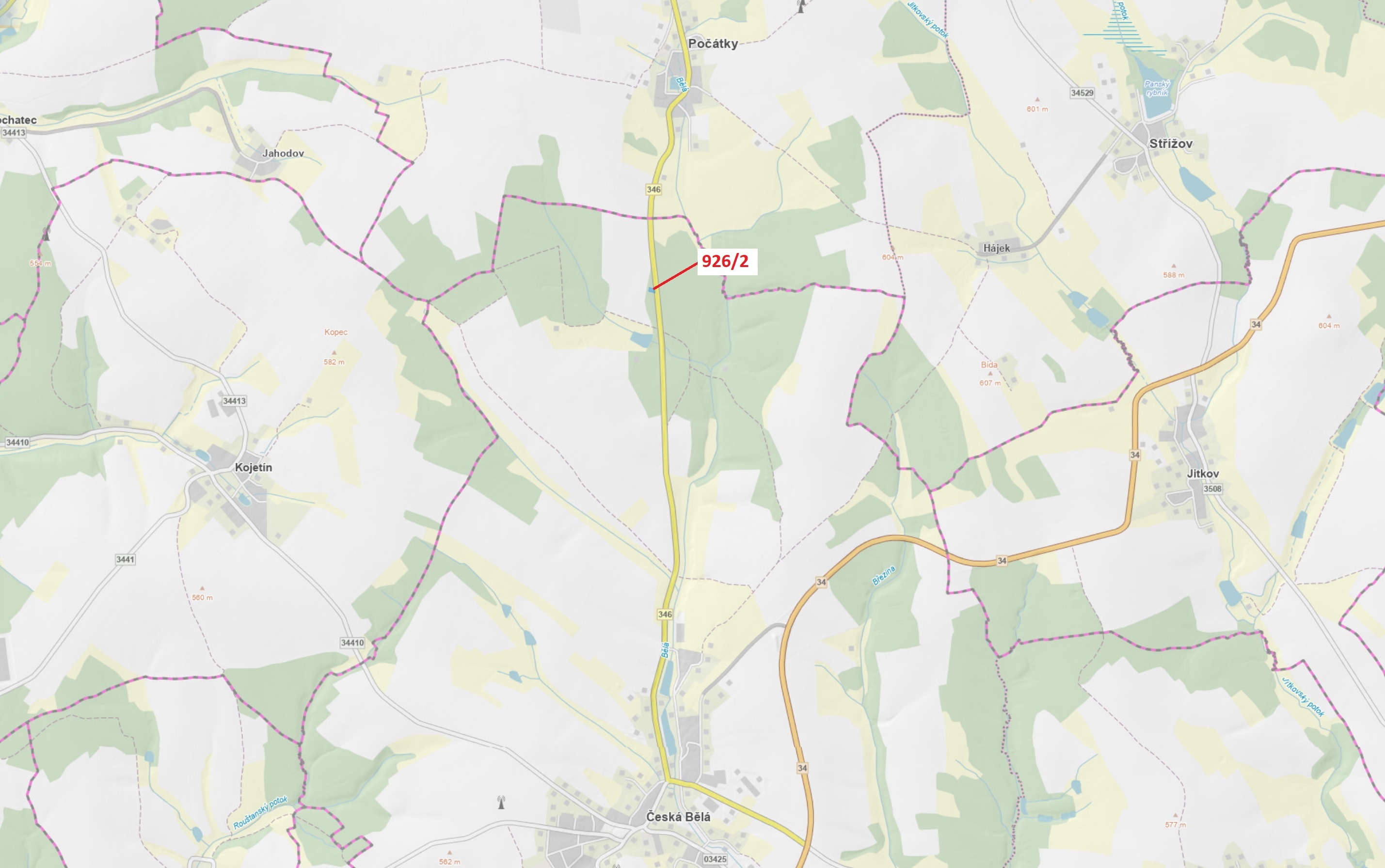 Lesní pozemek o výměře 645 m2, podíl 1/1, katastrální území Česká Bělá, obec Česká Bělá, obec s rozš