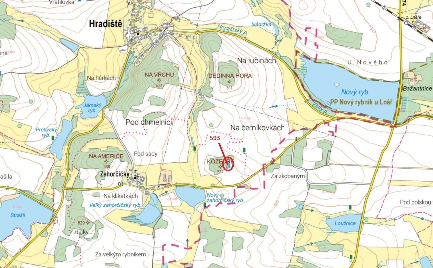 Lesní pozemek o výměře 2226 m2, podíl 1/1, katastrální území Zahorčičky, obec Hradiště, obec s rozší