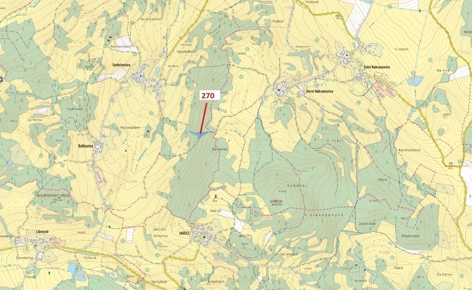 Lesní pozemek o výměře 4502 m2, podíl 1/1, katastrální území Setěchovice, obec Zálezly, obec s rozší