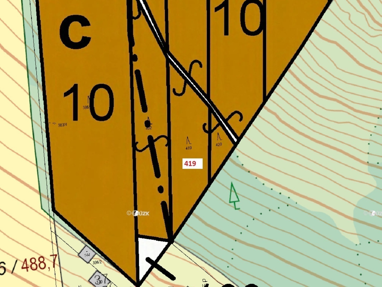 Lesní pozemek o výměře 1446 m2, podíl 1/1, katastrální území Třešně u Záhoří, obec Záhoří, obec s ro
