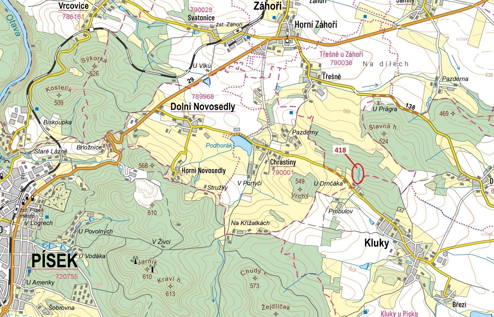 Lesní pozemek o výměře 4422 m2, podíl 1/1, katastrální území Třešně u Záhoří, obec Záhoří, obec s ro