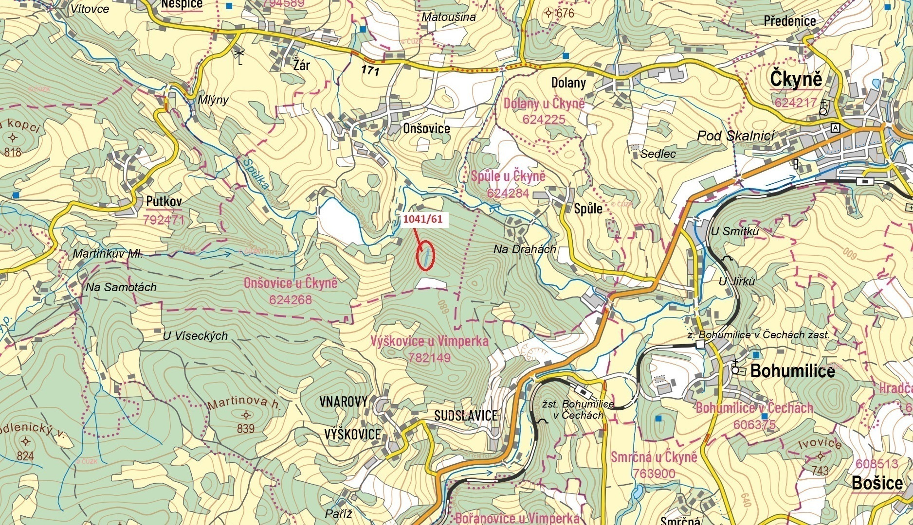 Lesní pozemek o výměře 2039 m2, podíl 1/1, katastrální území Onšovice u Čkyně, obec Čkyně, obec s ro